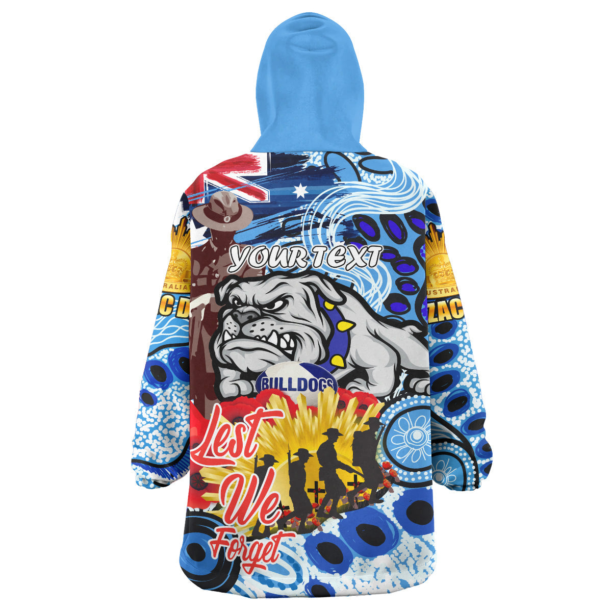 Bulldogs Rugby Australia And NZ Anzac Day Snug Hoodie - Lest We Forget Bulldogs With Rugby Ball And Aboriginal Patterns Wearable Blanket Hoodie - Vibe Hoodie Shop