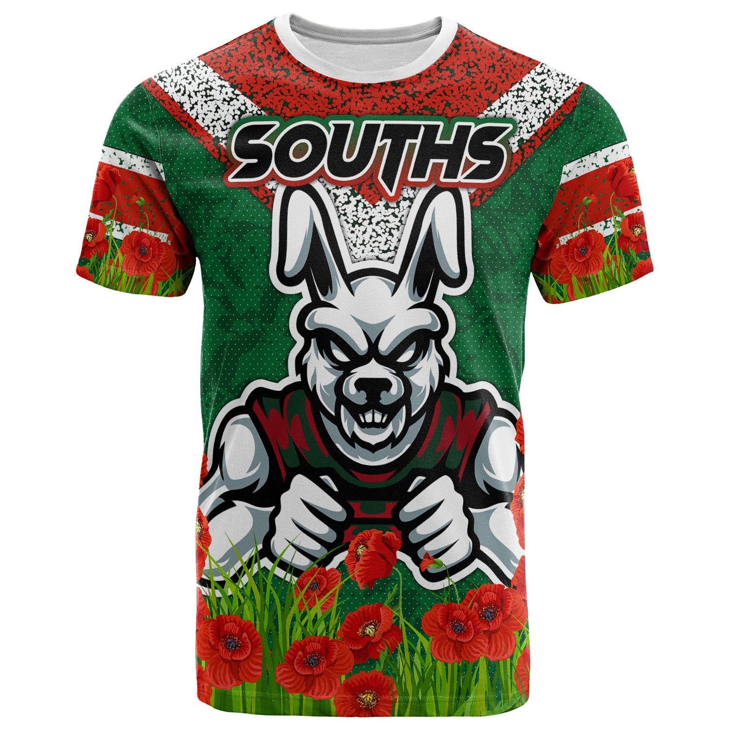 Australia South Sydney Anzac T-shirt - Custom Souths with Anzac Poppy T-shirt - Vibe Hoodie Shop