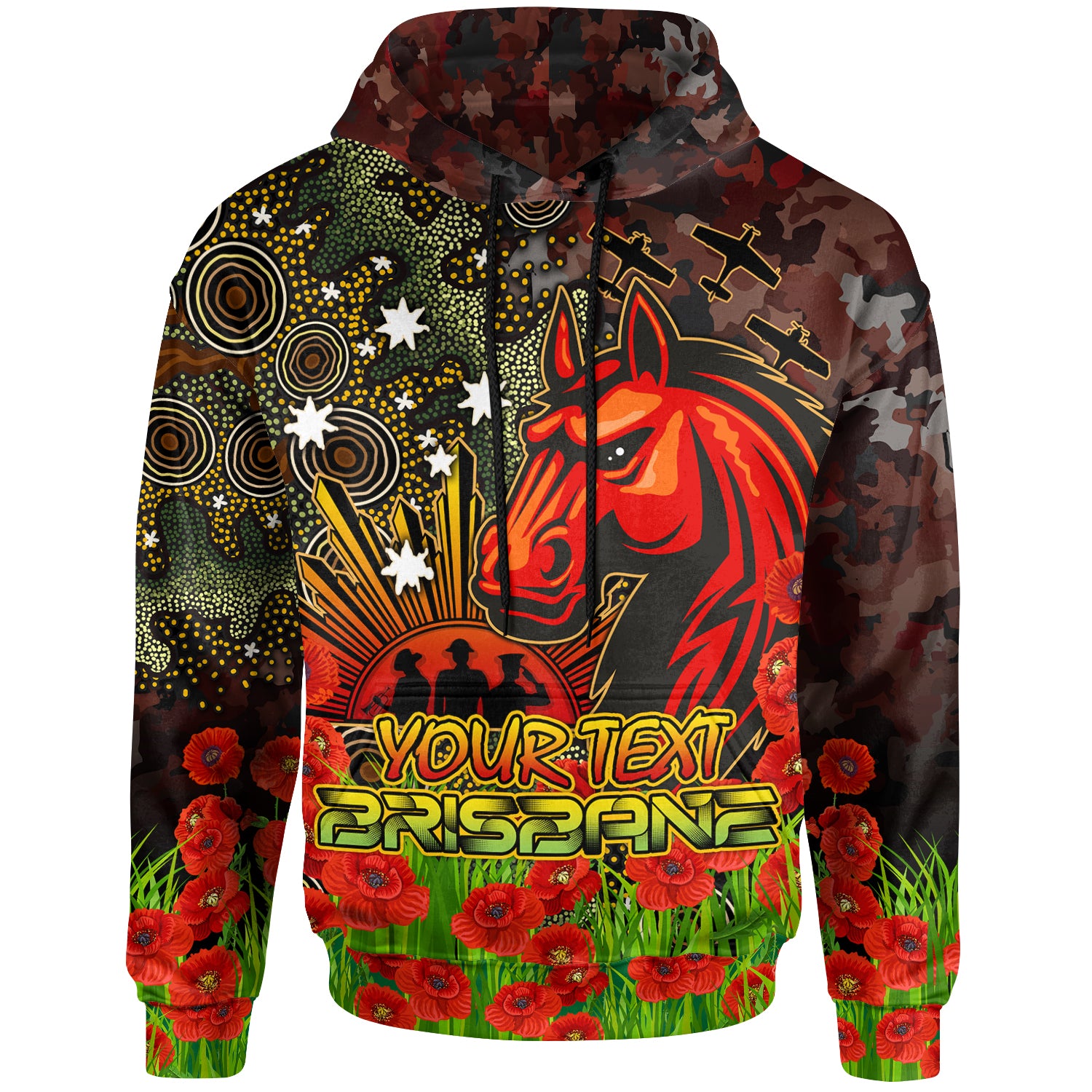 Australia Brisbane Anzac Custom Hoodie - Anzac Brisbane with Remembrance Poppy and Indigenous Patterns Hoodie - Vibe Hoodie Shop