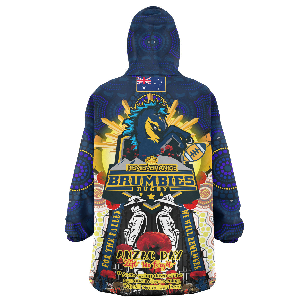 Brumbies Rugby Custom Snug Hoodie - Remembrance Canberra ACT Brumbies With Indigenous Patterns And Poppy Flowers Wearable Blanket Hoodie RLT14 - Vibe Hoodie Shop