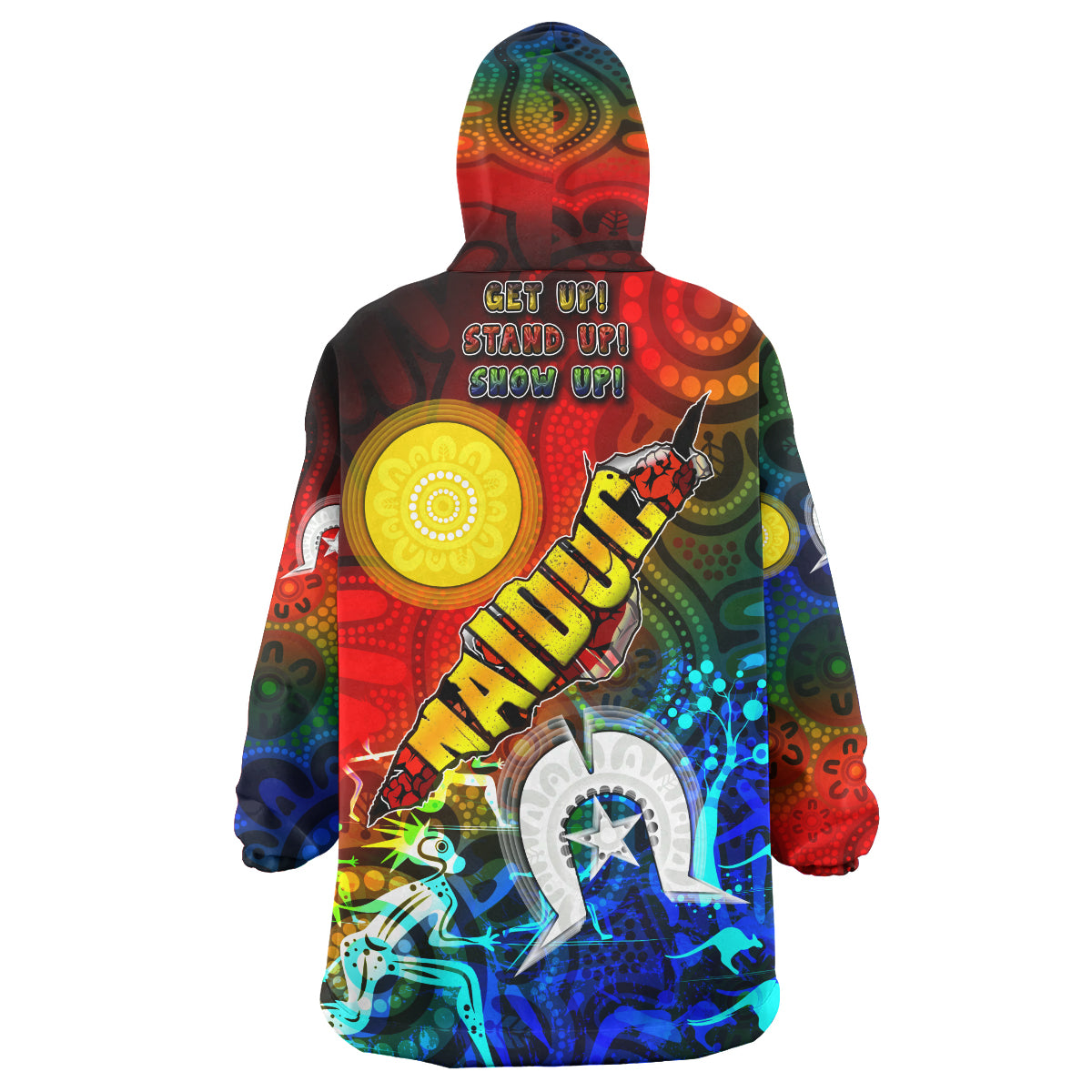 Australia NAIDOC Week 2023 Wearable Blanket Hoodie- Custom Naidoc Aboriginal Inspired Dot Art Painting With Hunting "Get up, Stand up, Show up," Wearable Blanket Hoodie - Vibe Hoodie Shop