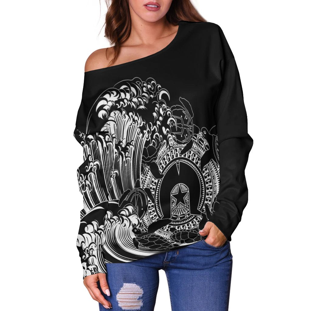 Aboriginal Women's Off Shoulder Sweater, Torres Strait Islands in Wave (Black) - Vibe Hoodie Shop