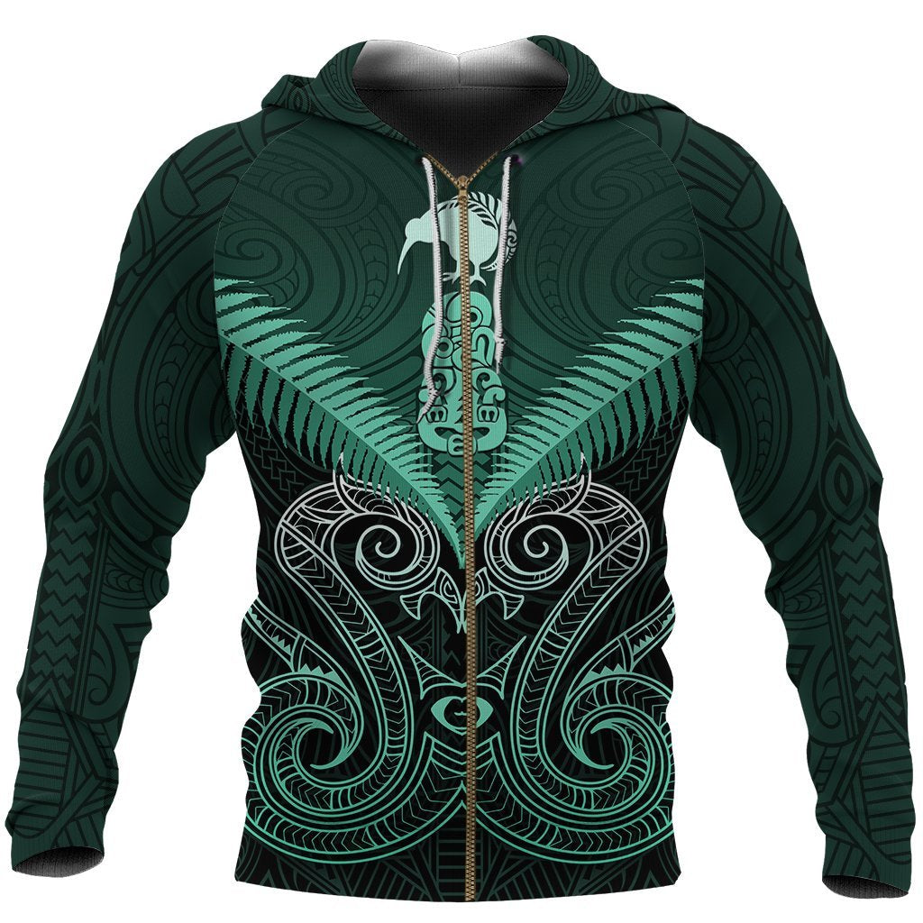 Maori Manaia New Zealand Zip Up Hoodie Turquoise - Vibe Hoodie Shop