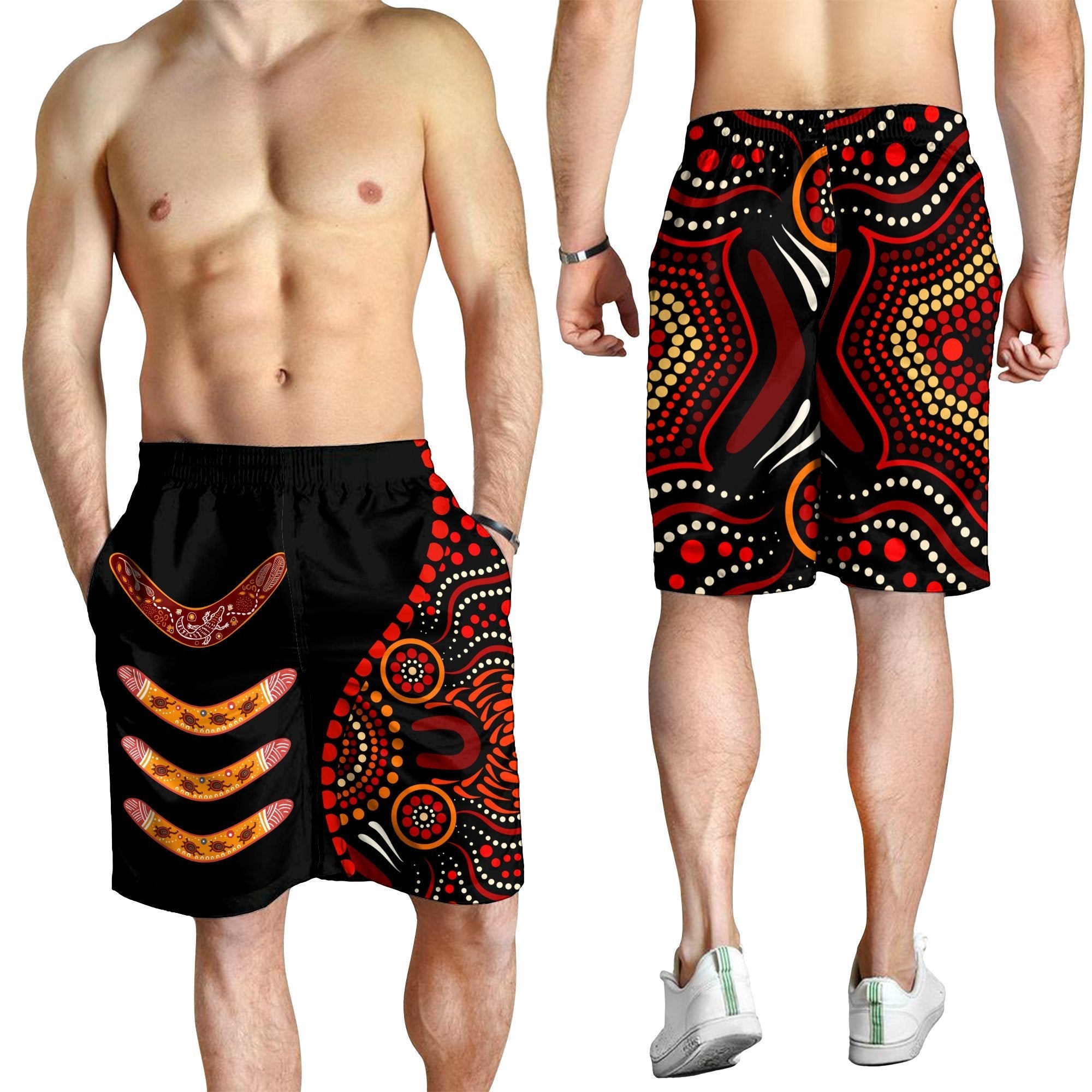 Aboriginal Men's Short - Aboriginal Boomerangs With Dot Painting Pattern - Vibe Hoodie Shop