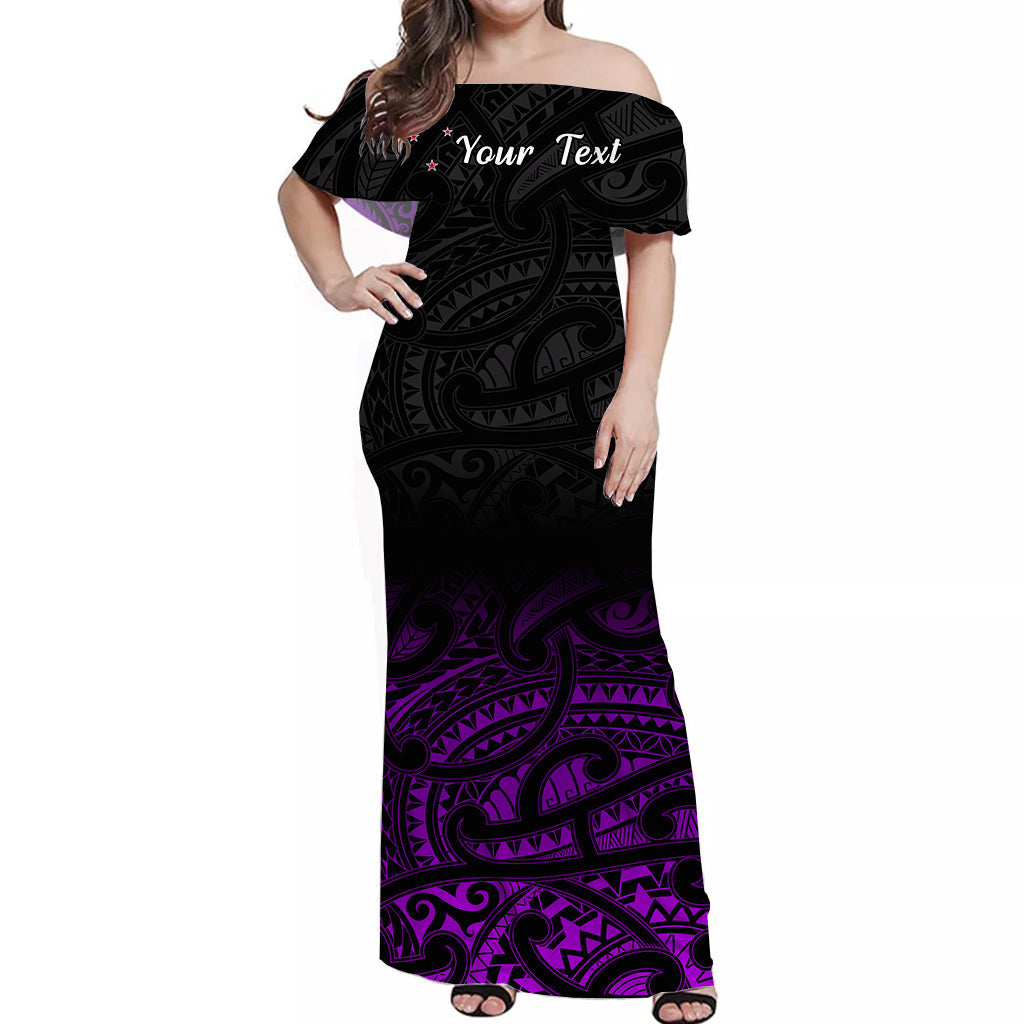 (Custom Personalised) New Zealand Off Shoulder Long Dress Maori Pattern Purple - Vibe Hoodie Shop