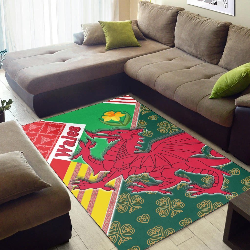 Celtic Wales Area Rug - Cymru Dragon and Daffodils - Vibe Hoodie Shop