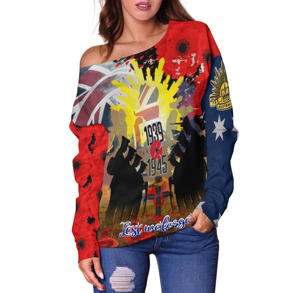 Off Shoulder Sweater - ANZAC Day 2021 World War II Commemoration 1939 - 1945 - Vibe Hoodie Shop