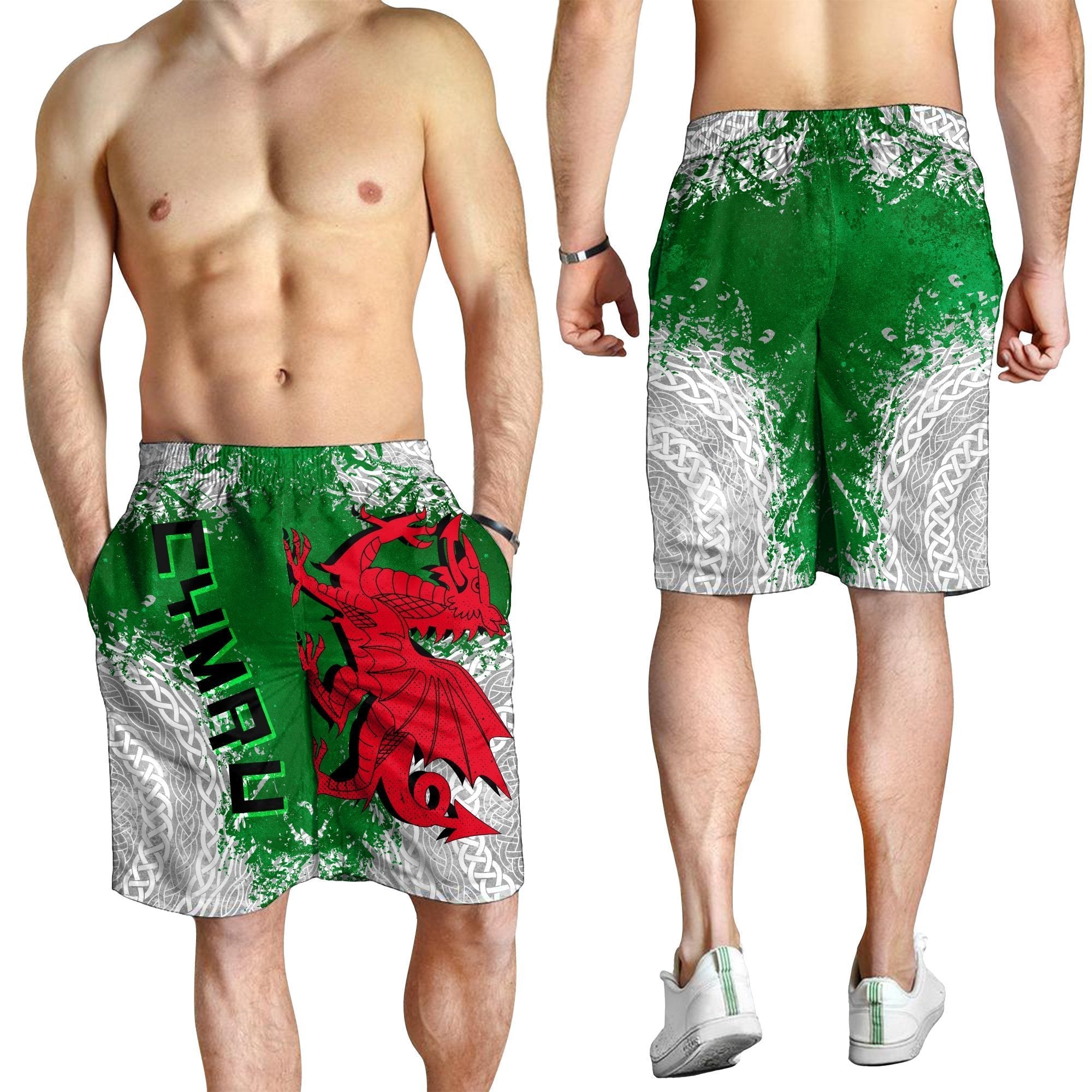 Wales Celtic Men's Shorts - Grunge Dragon - Vibe Hoodie Shop