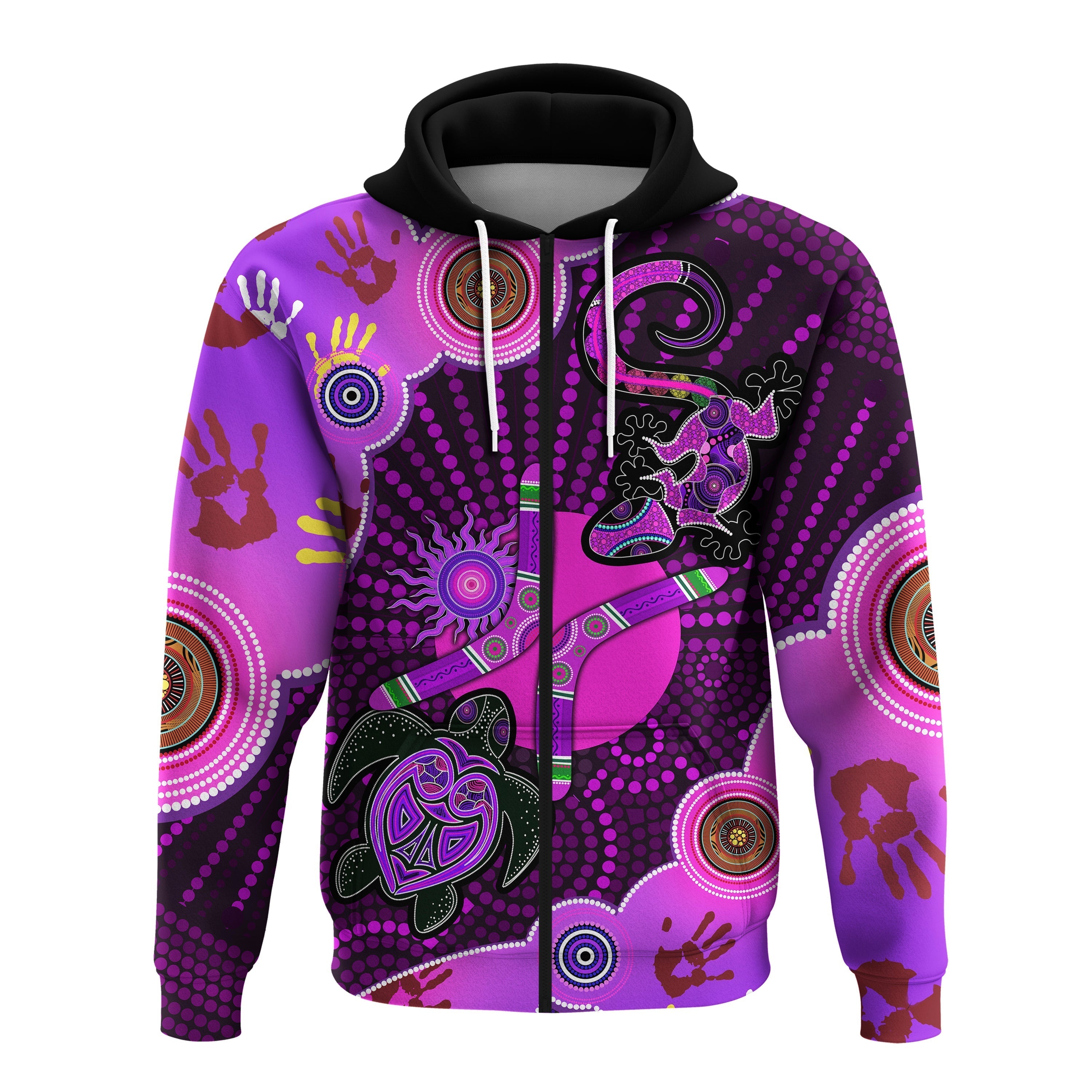 Aboriginal NAIDOC Week 2023 Purple Turtle Lizard Sun Zip Hoodie - RLT20 - Vibe Hoodie Shop