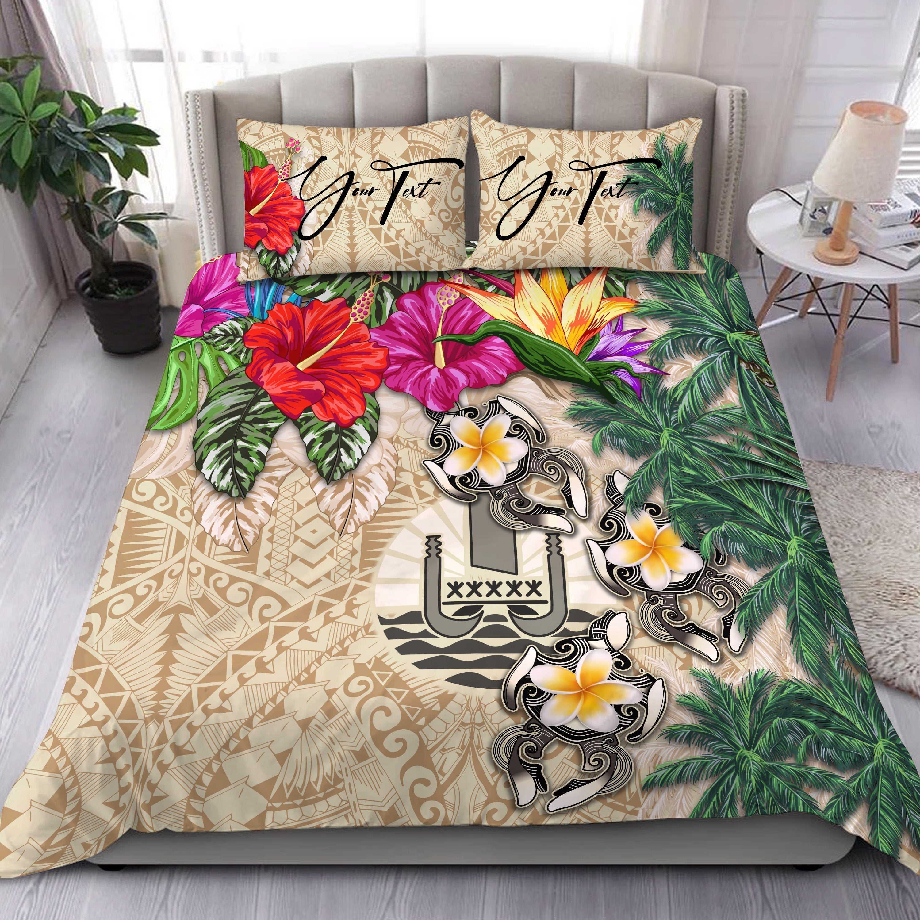 (Custom) Tahiti Bedding Set Hibiscus Turtle Beige Personal Signature - Vibe Hoodie Shop