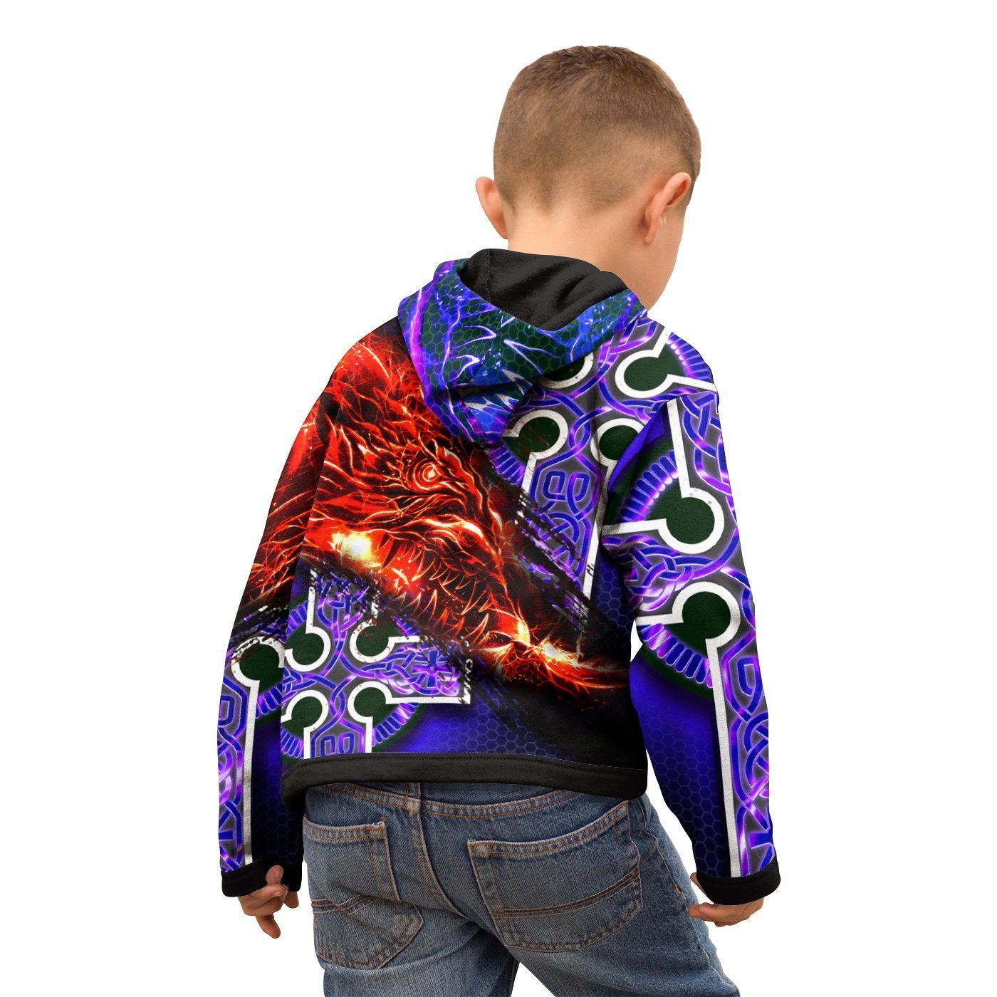Celtic Zip Hoodie Kid - Fire Dragon And Water Cross Style - Vibe Hoodie Shop