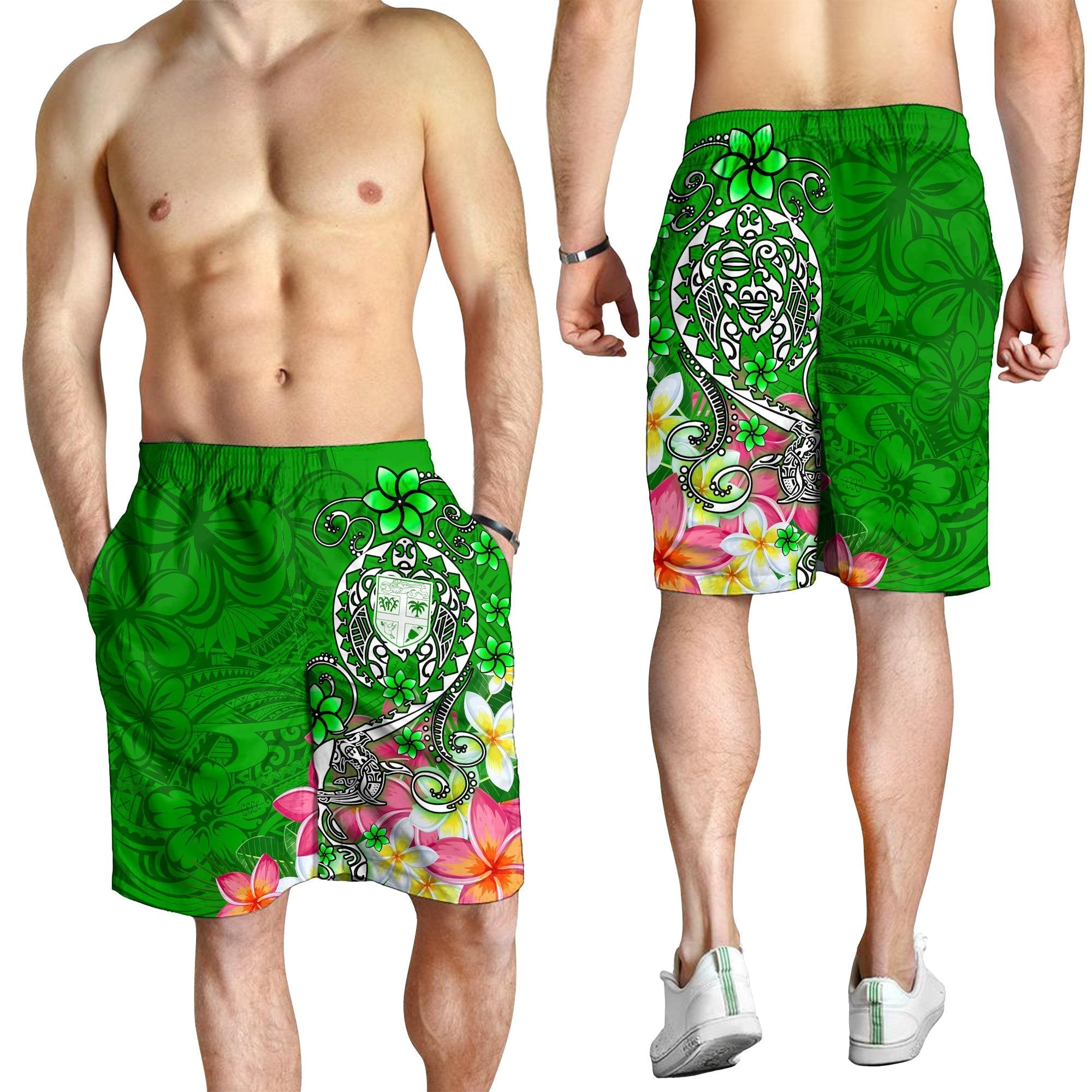 Fiji Men's Shorts - Turtle Plumeria (Green) - Vibe Hoodie Shop