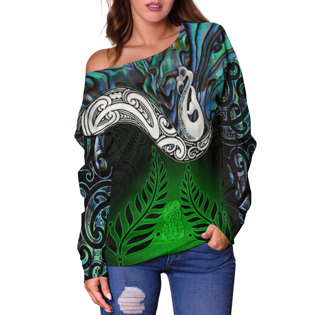 New Zealand Maori Off Shoulder Sweater - Manaia Paua Shell Glitter Green LT4 - Vibe Hoodie Shop