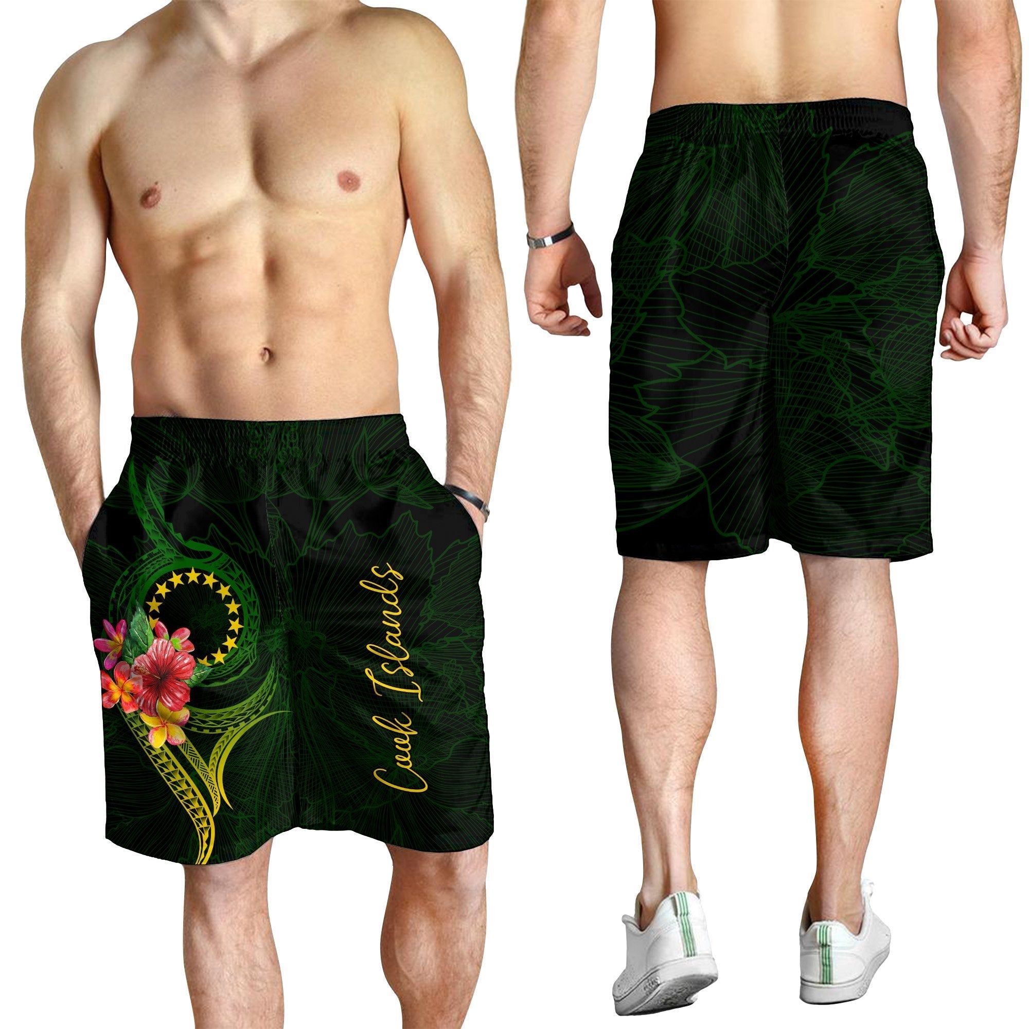 Cook Islands Polynesian Men's Short - Floral With Seal Flag Color - Vibe Hoodie Shop