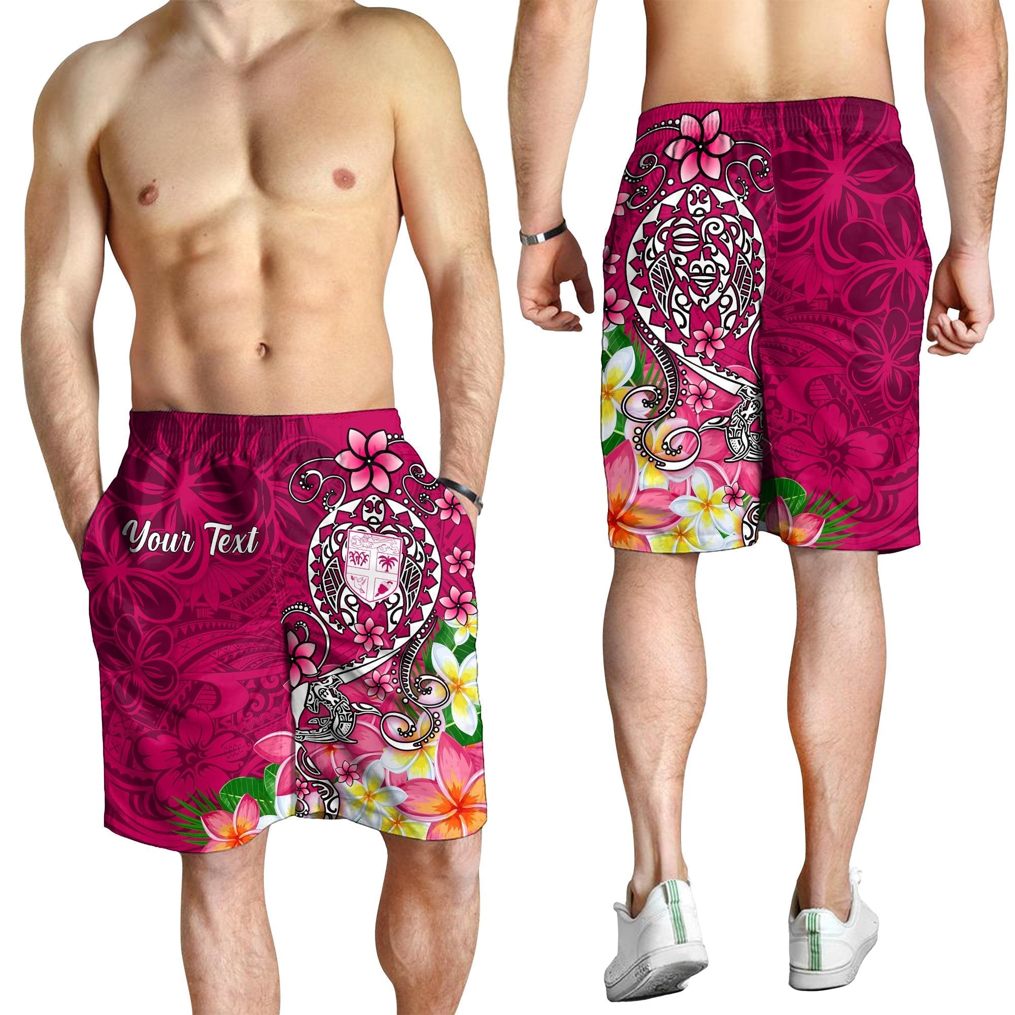 Fiji Custom Personalised Men's Shorts - Turtle Plumeria (Pink) - Vibe Hoodie Shop