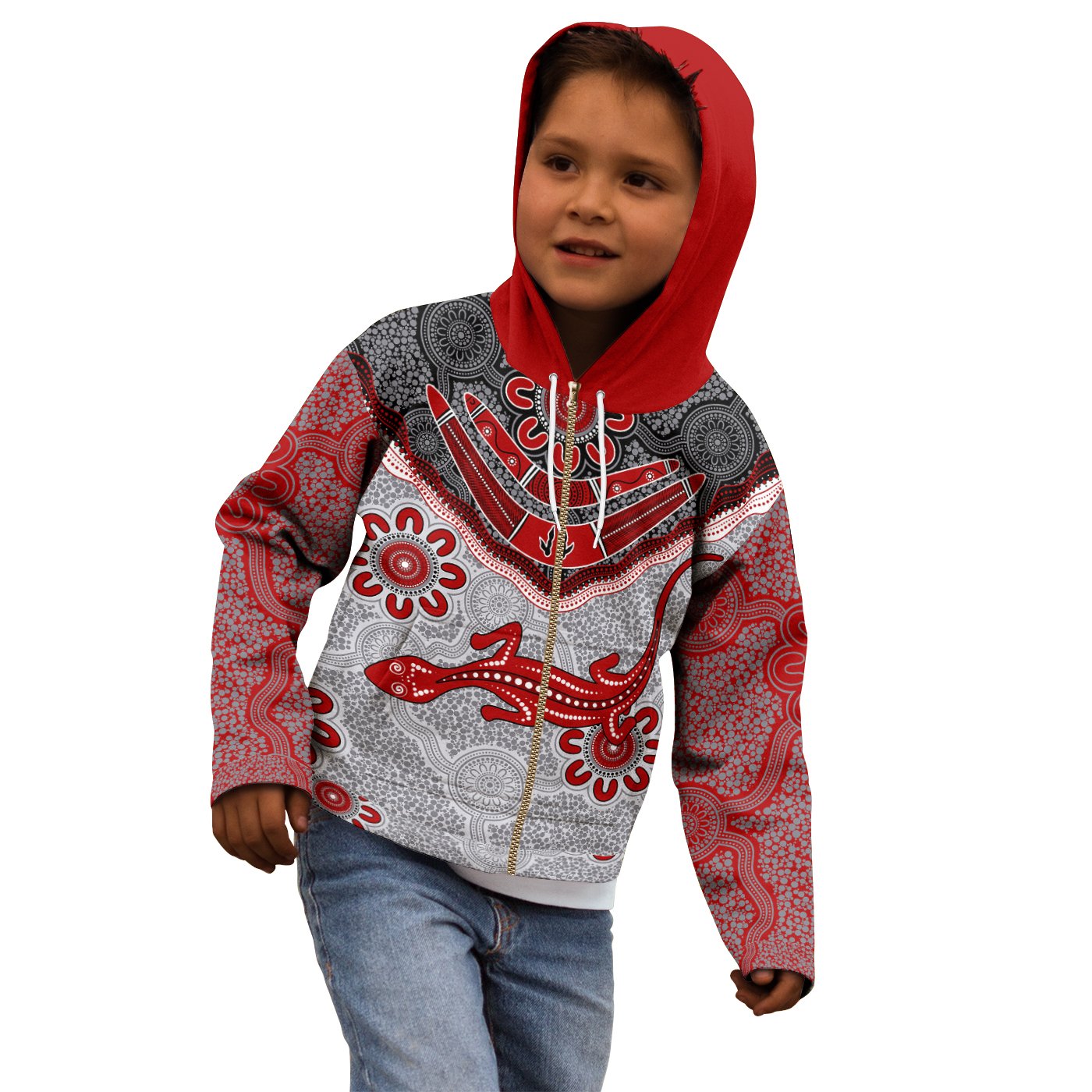 Aboriginal Zip - Up Hoodie - Indigenous Boomerang and Lizard Art - Vibe Hoodie Shop