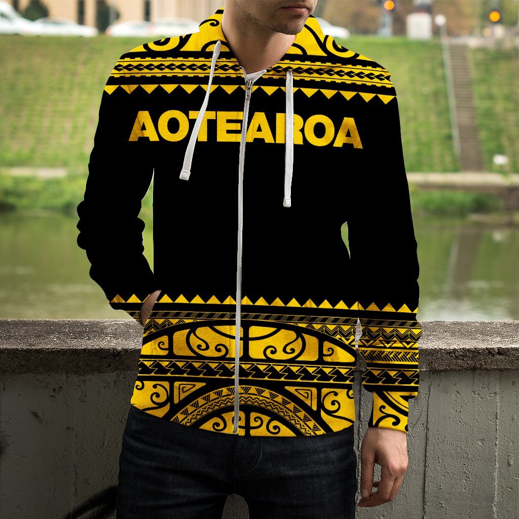 New Zealand Maori Zip Up Hoodie, Aotearoa Silver Fern Zipper Hoodie - Yellow - Vibe Hoodie Shop