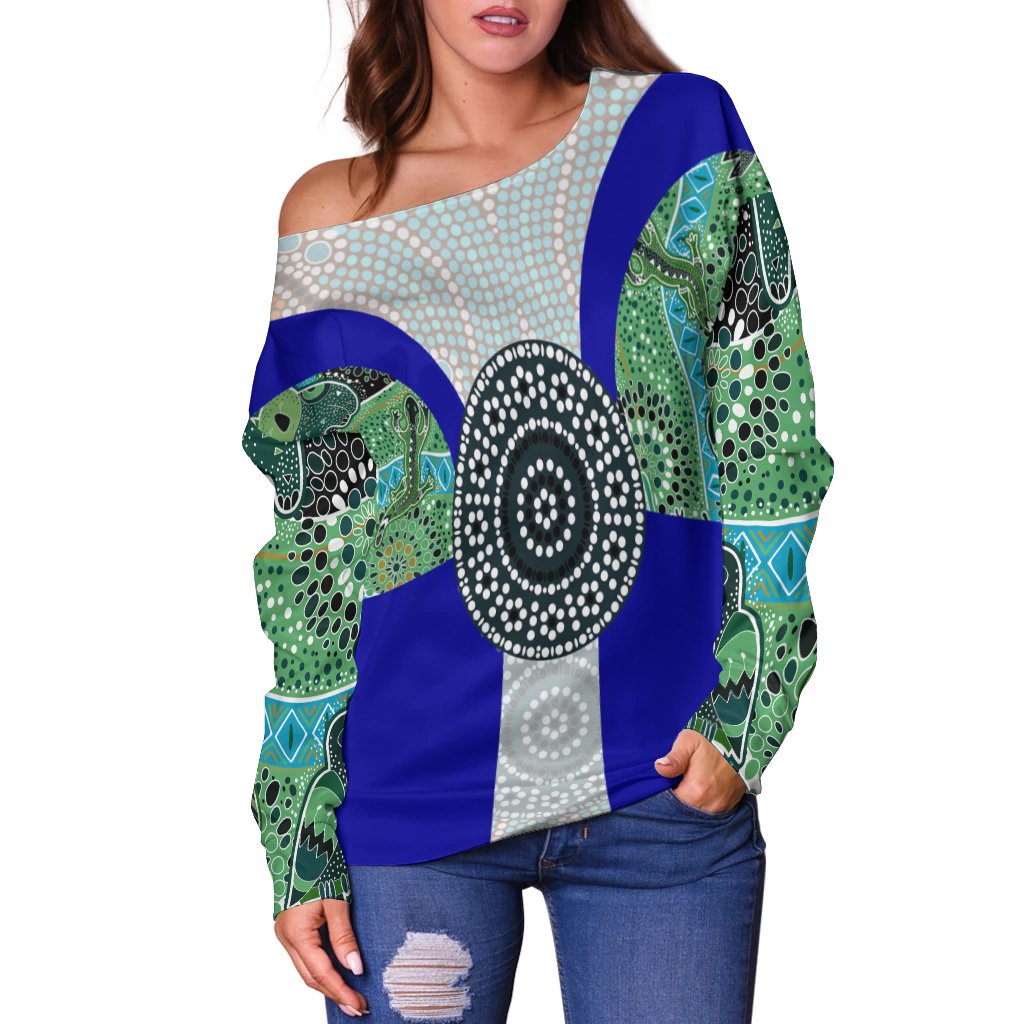 Off Shoulder Sweater - Flag of Torres Strait Islanders - Vibe Hoodie Shop