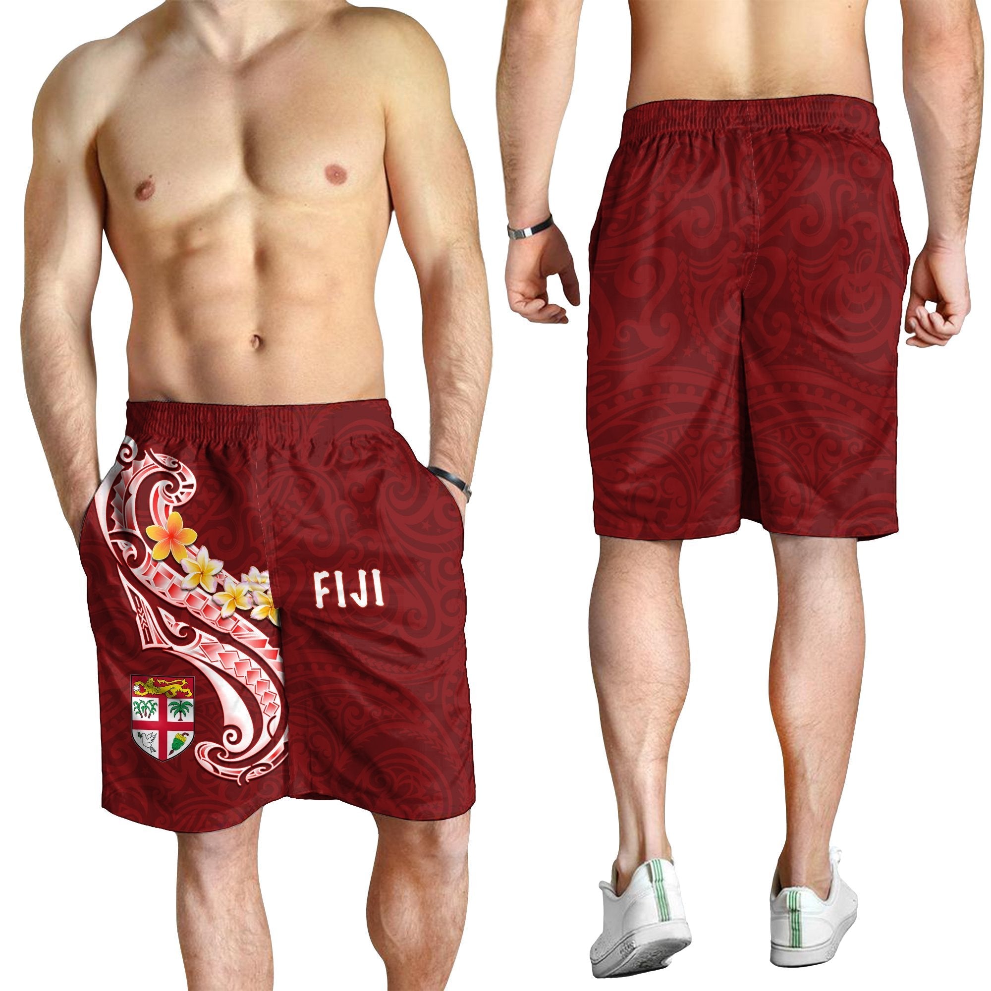 Fiji Men's Short - Fiji Seal Polynesian Patterns Plumeria (Red) - Vibe Hoodie Shop