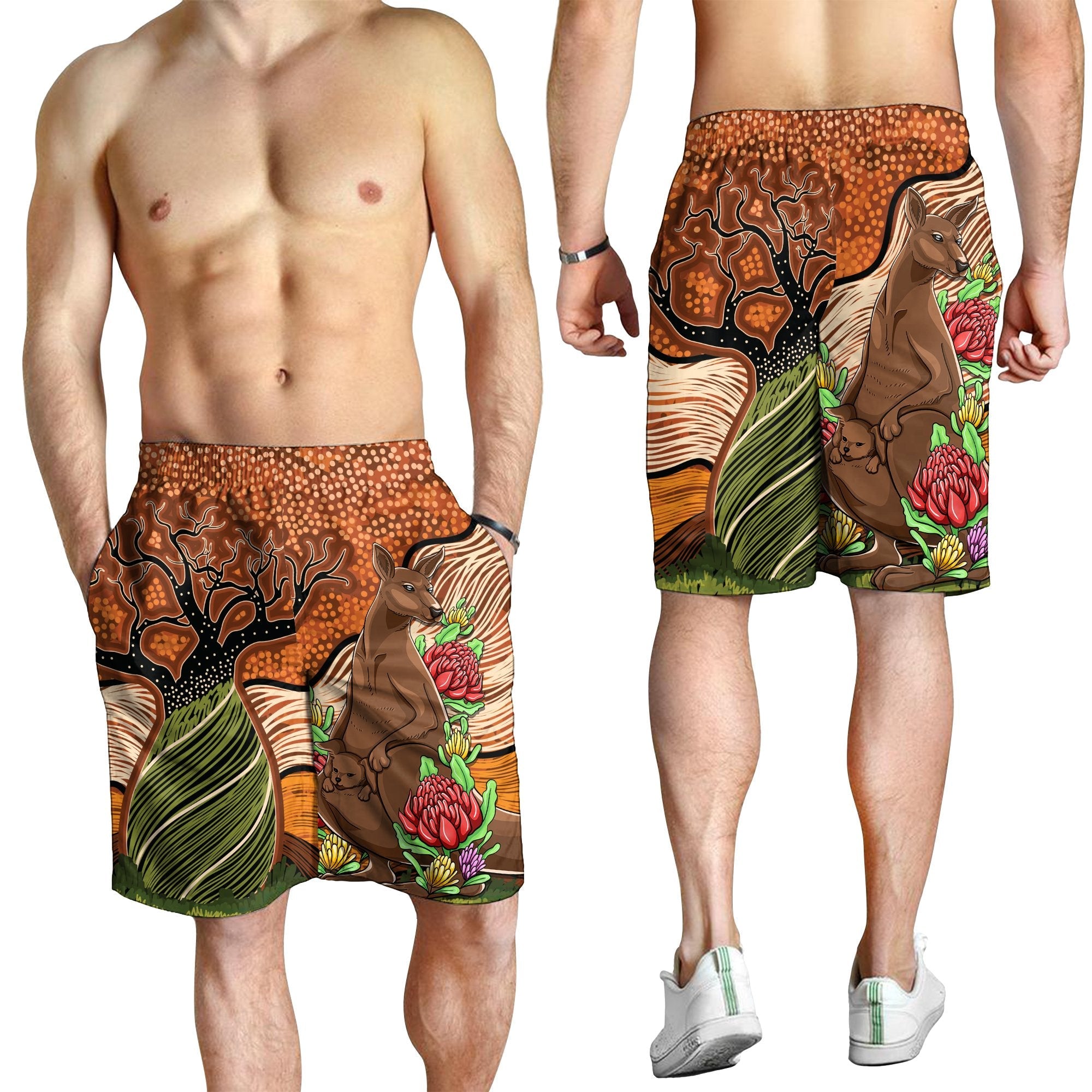 Aboriginal Men's Shorts - Kangaroo With Indigenous Tree - Vibe Hoodie Shop