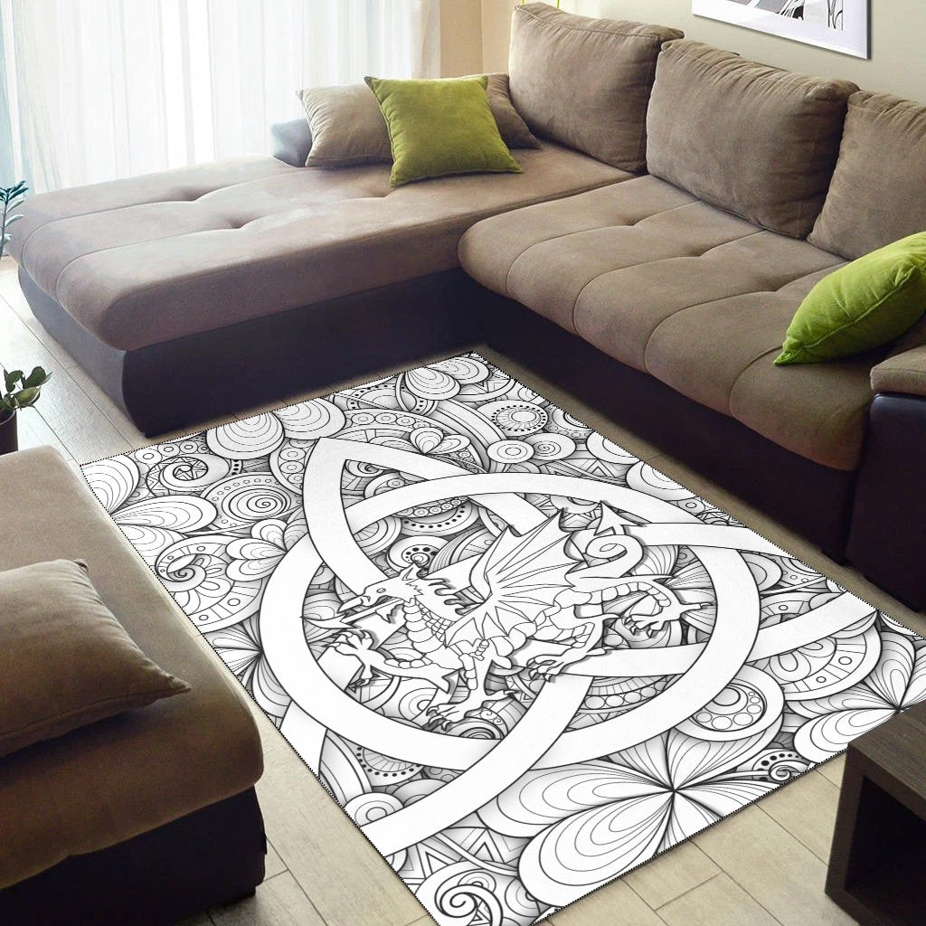 Celtic Wales Area Rug - Dragon White Wales With Triquetra Celtic Symbol - Vibe Hoodie Shop