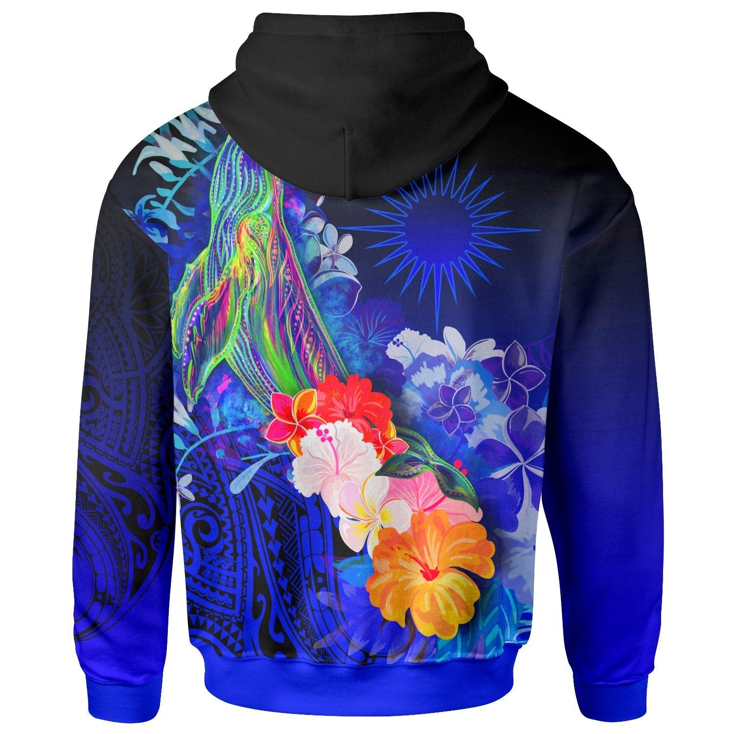 Marshall Islands Zip - Up Hoodie - Humpback Whale with Tropical Flowers (Blue) - Vibe Hoodie Shop