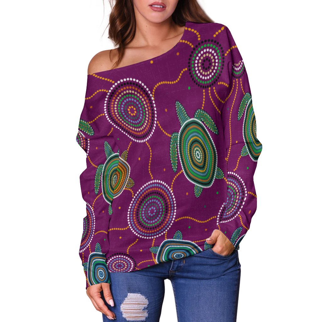 Women Off Shoulder - Aboriginal Turtle Purple Australia Dot Patterns - Vibe Hoodie Shop