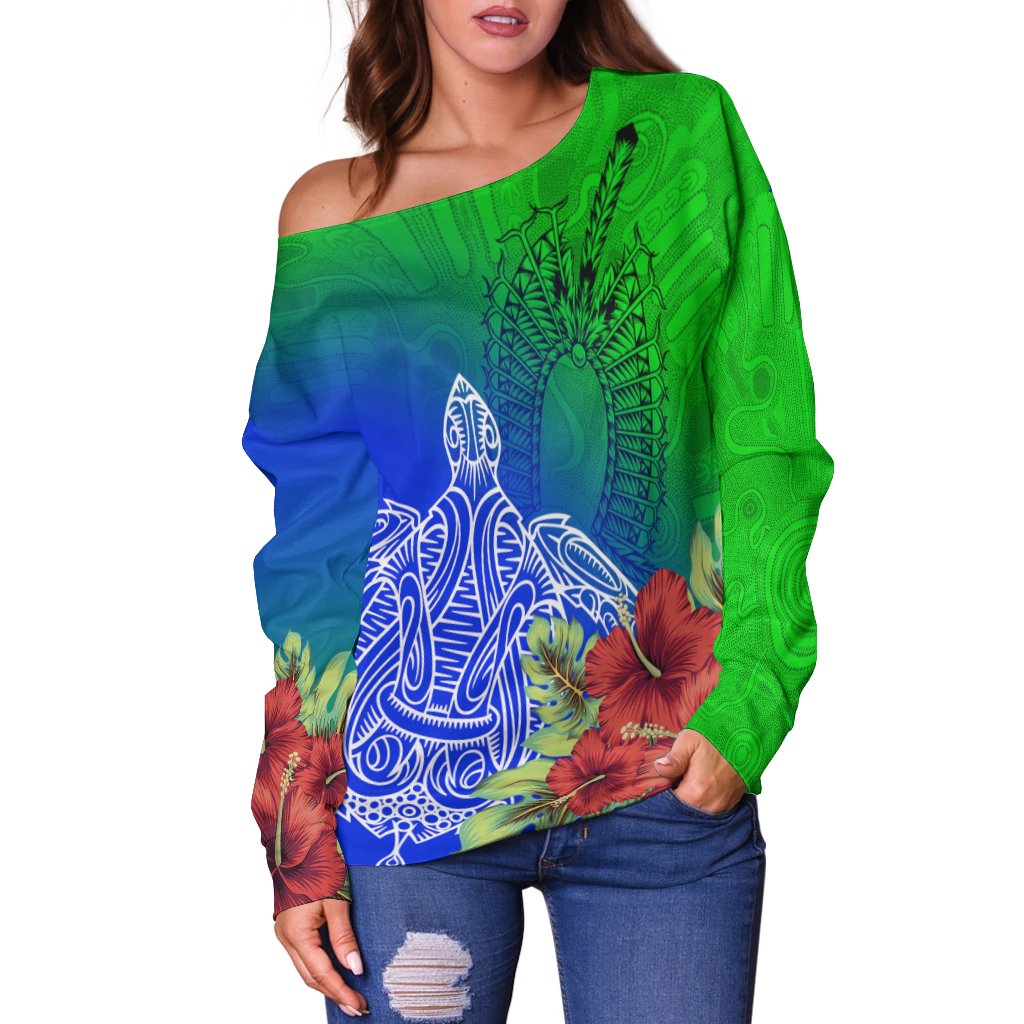 Torres Strait Islanders Off Shoulder Sweater - Ocean Hibiscus - Vibe Hoodie Shop