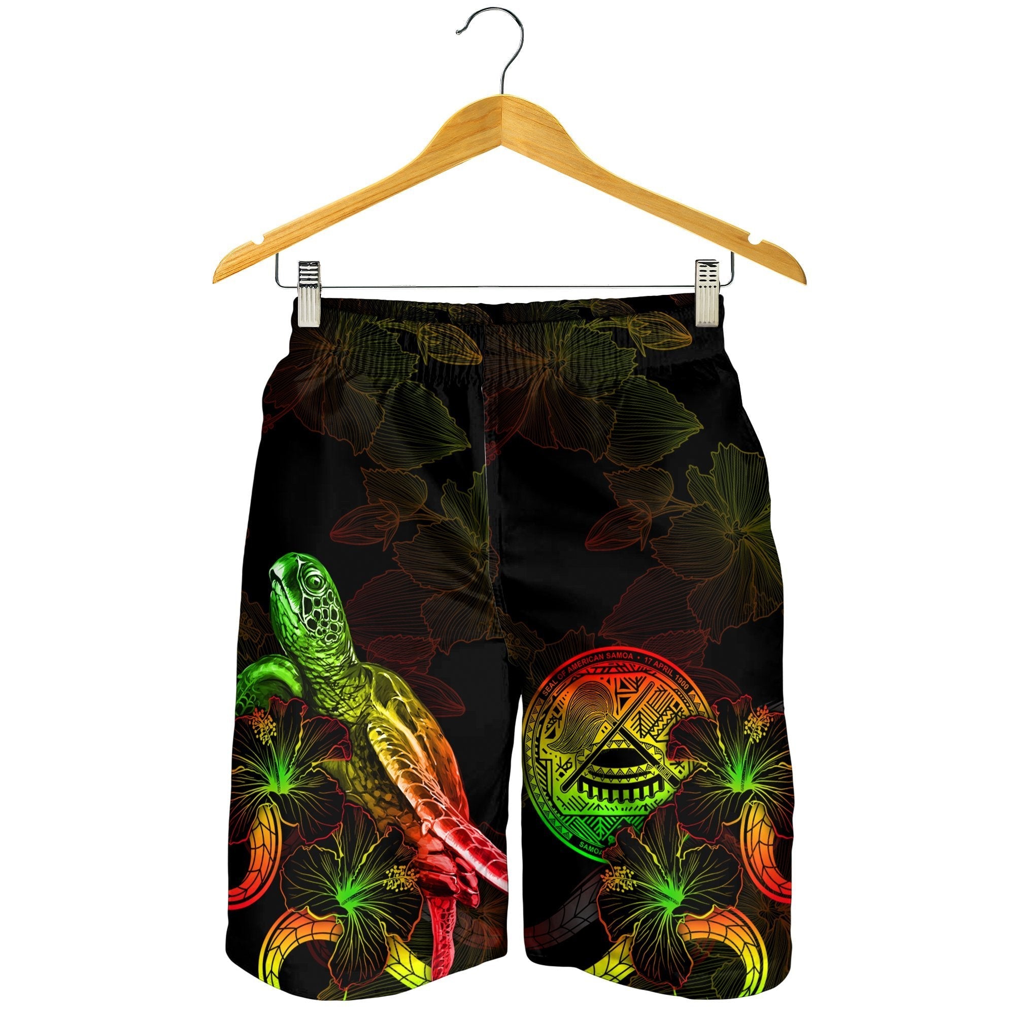 American Samoa Polynesian Men's Shorts - Turtle With Blooming Hibiscus Reggae - Vibe Hoodie Shop