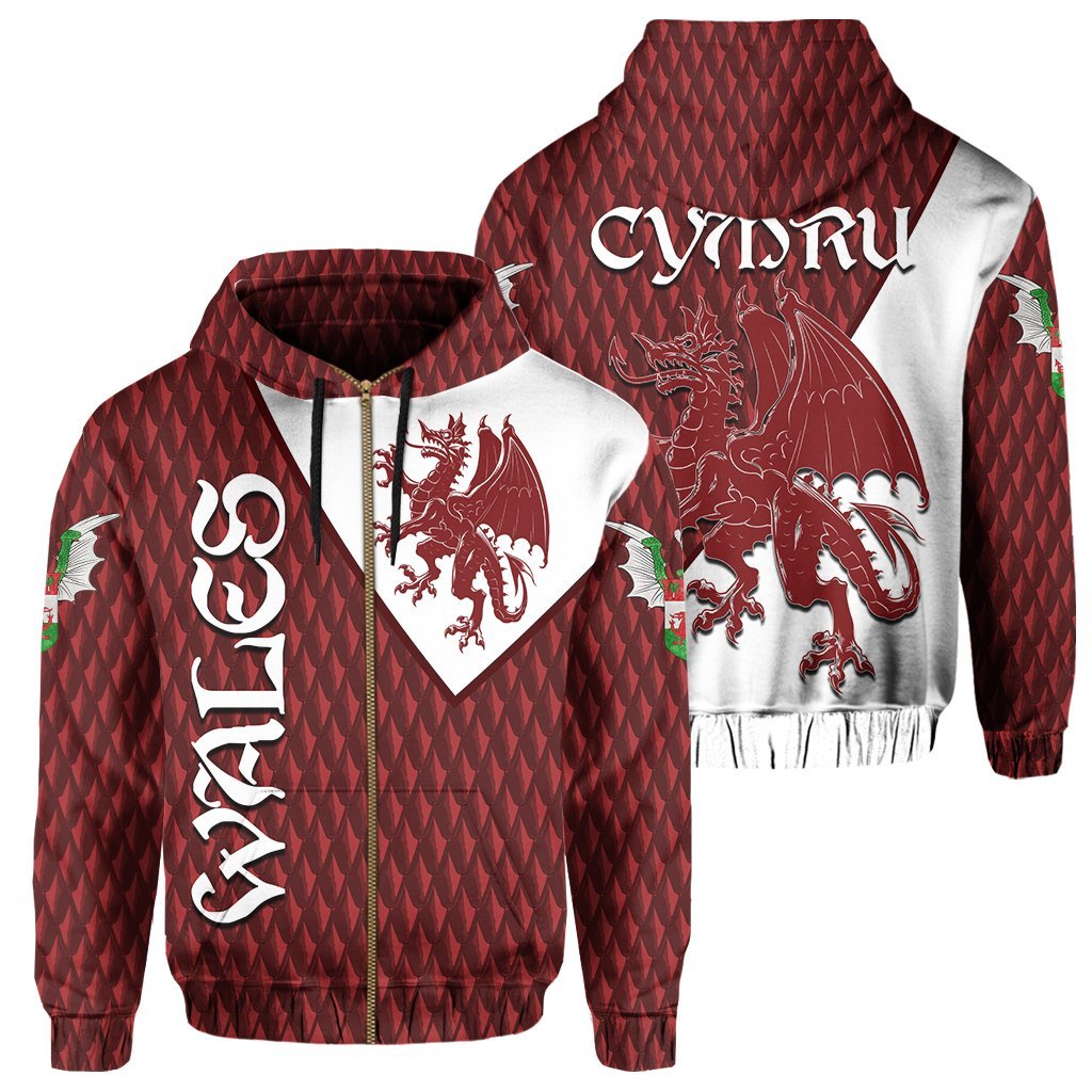 Wales Zip Hoodie Dragon Cymru - Dragon Shield Style - Vibe Hoodie Shop