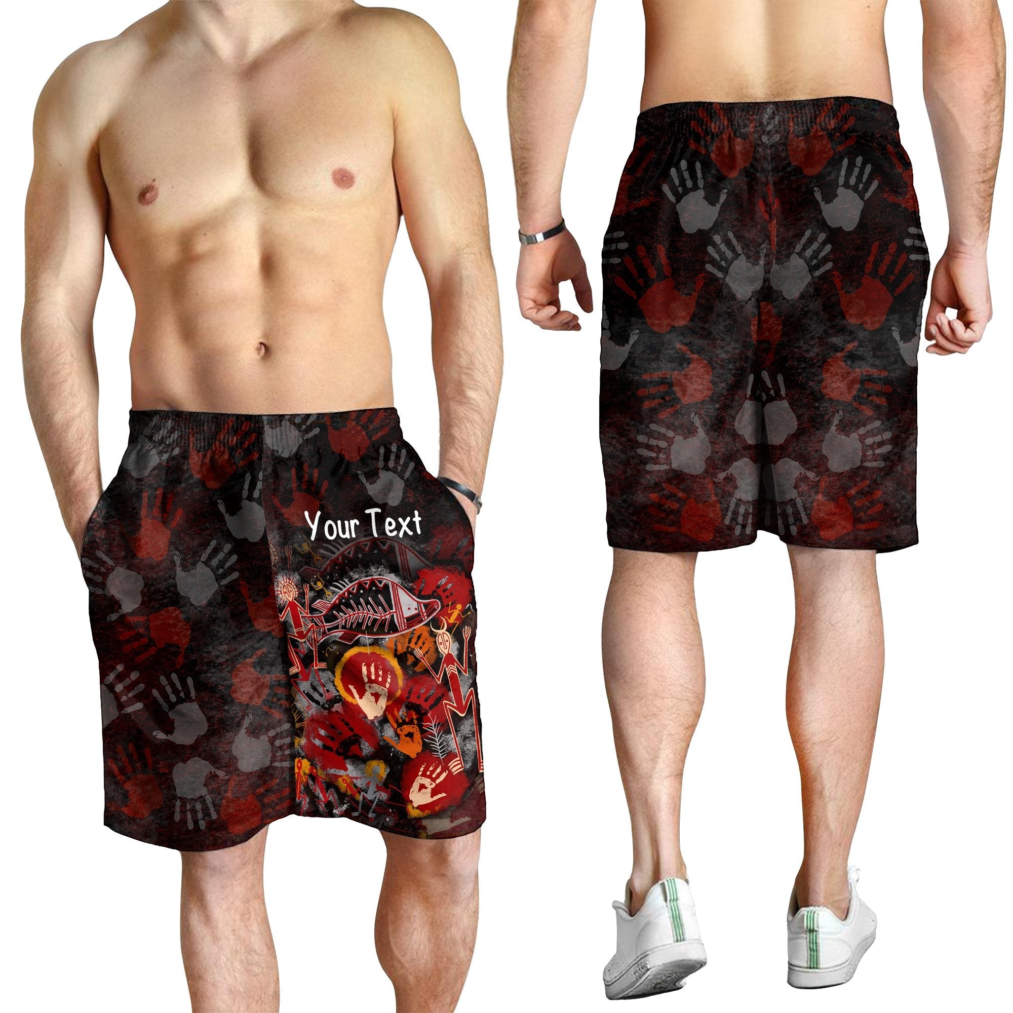 Custom Aboriginal Men's Shorts - Indigenous Fish Hand Art - Vibe Hoodie Shop