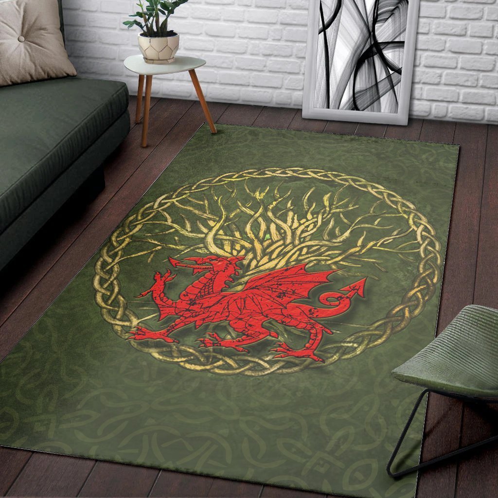 Wales Celtic Area Rug - Welsh Dragon With Celtic Tree - Vibe Hoodie Shop