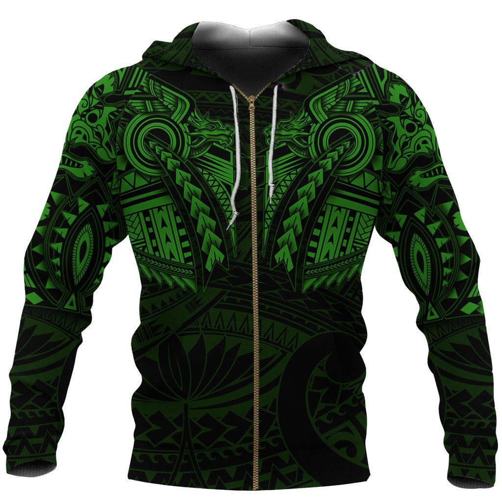 New Zealand Zip Up Hoodie, Maori Tattoo Wolf Dragon Zipper Hoodie - Green - Vibe Hoodie Shop