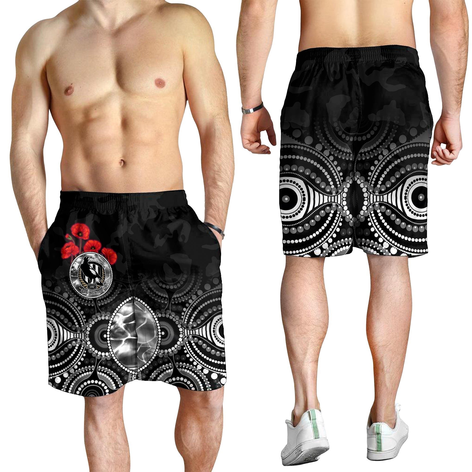 Magpies ANZAC 2022 Men Shorts Collingwood Football Aboriginal Poppy Flowers - Vibe Hoodie Shop