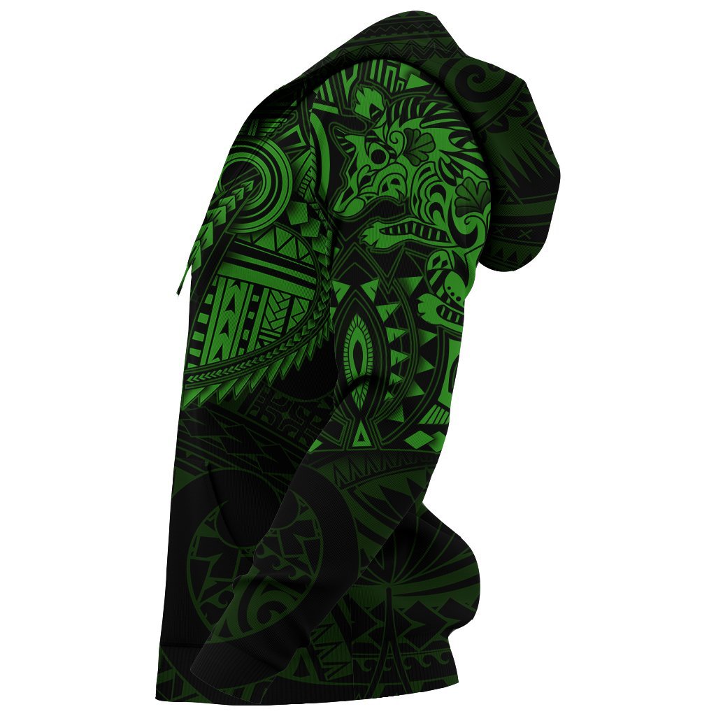 New Zealand Zip Up Hoodie, Maori Tattoo Wolf Dragon Zipper Hoodie - Green - Vibe Hoodie Shop