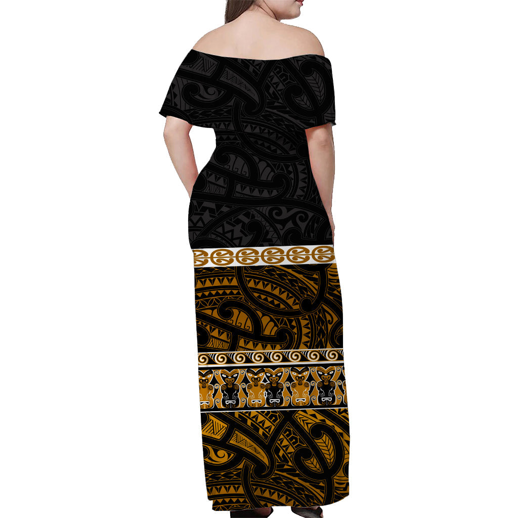 (Custom Personalised) New Zealand Off Shoulder Long Dress Maori Simple Gold - Vibe Hoodie Shop