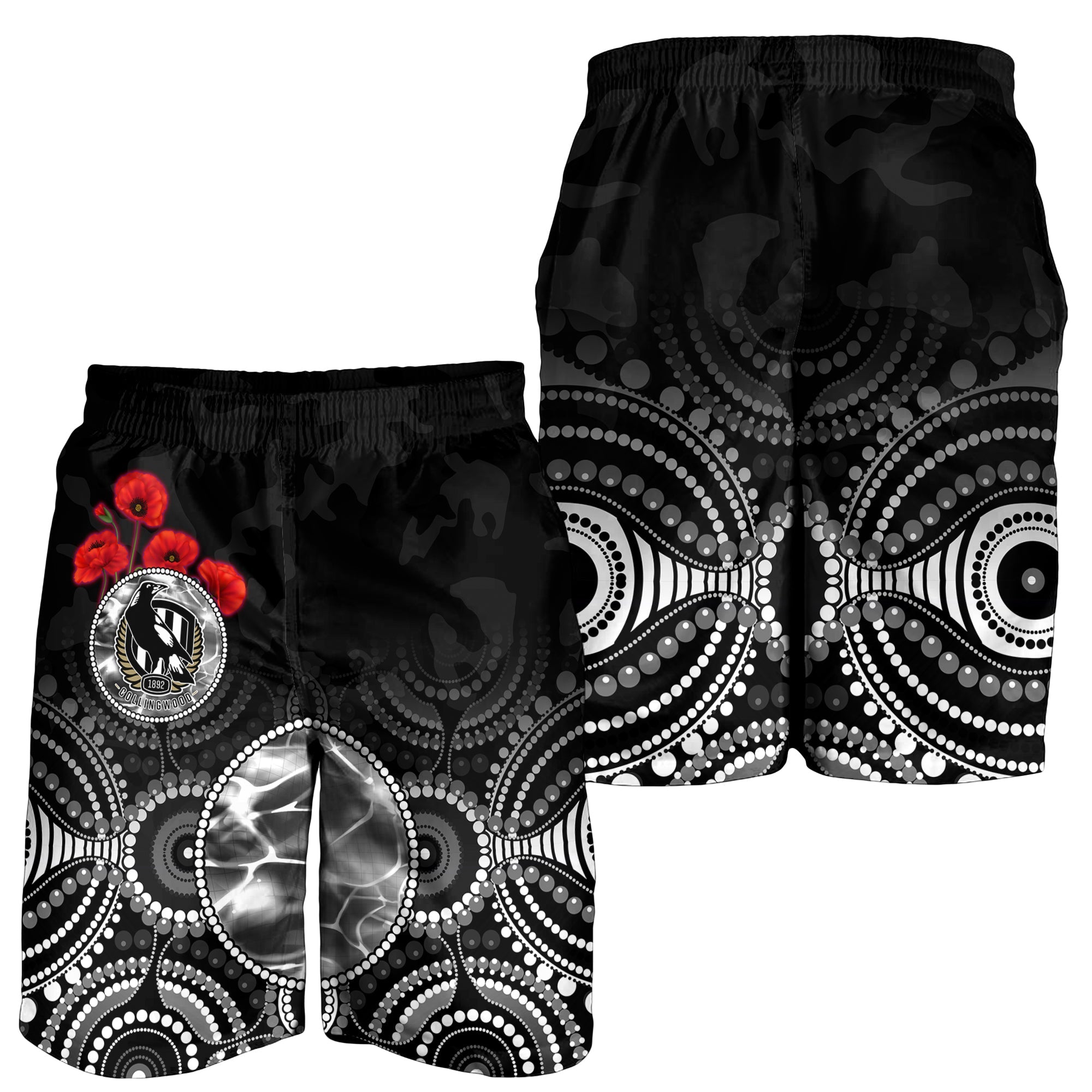 Magpies ANZAC 2022 Men Shorts Collingwood Football Aboriginal Poppy Flowers - Vibe Hoodie Shop