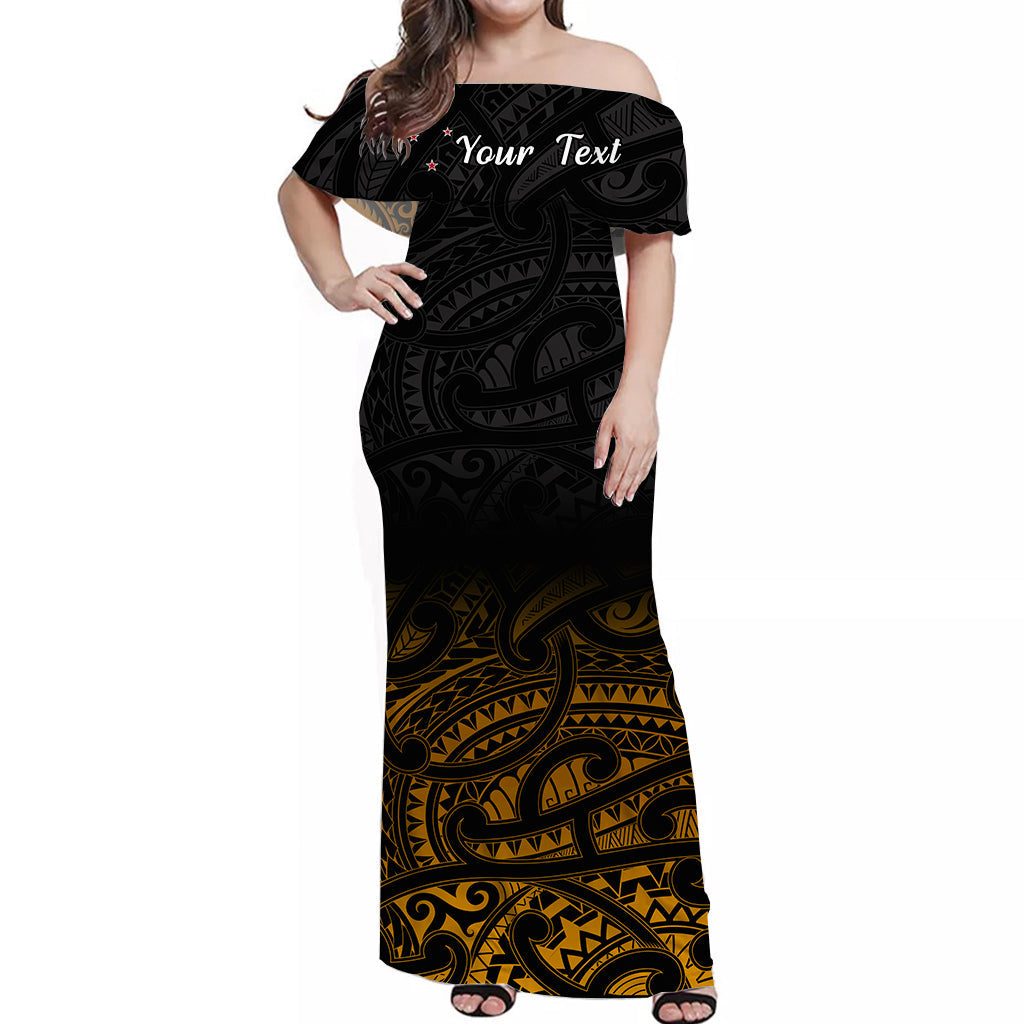 (Custom Personalised) New Zealand Off Shoulder Long Dress Maori Pattern Gold - Vibe Hoodie Shop