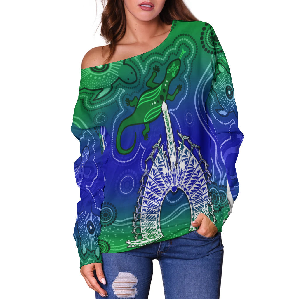 (Custom Personalised) Torres Strait Islands Off Shoulder Sweater Aboriginal Art Lizard Symbol Peace - Vibe Hoodie Shop