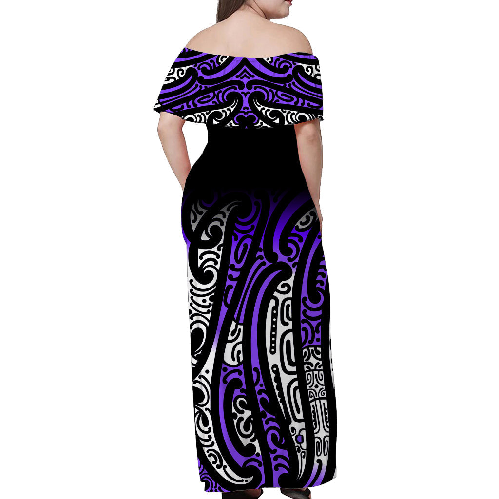 New Zealand Off Shoulder Long Dress Maori NZ Unique Purple - Vibe Hoodie Shop