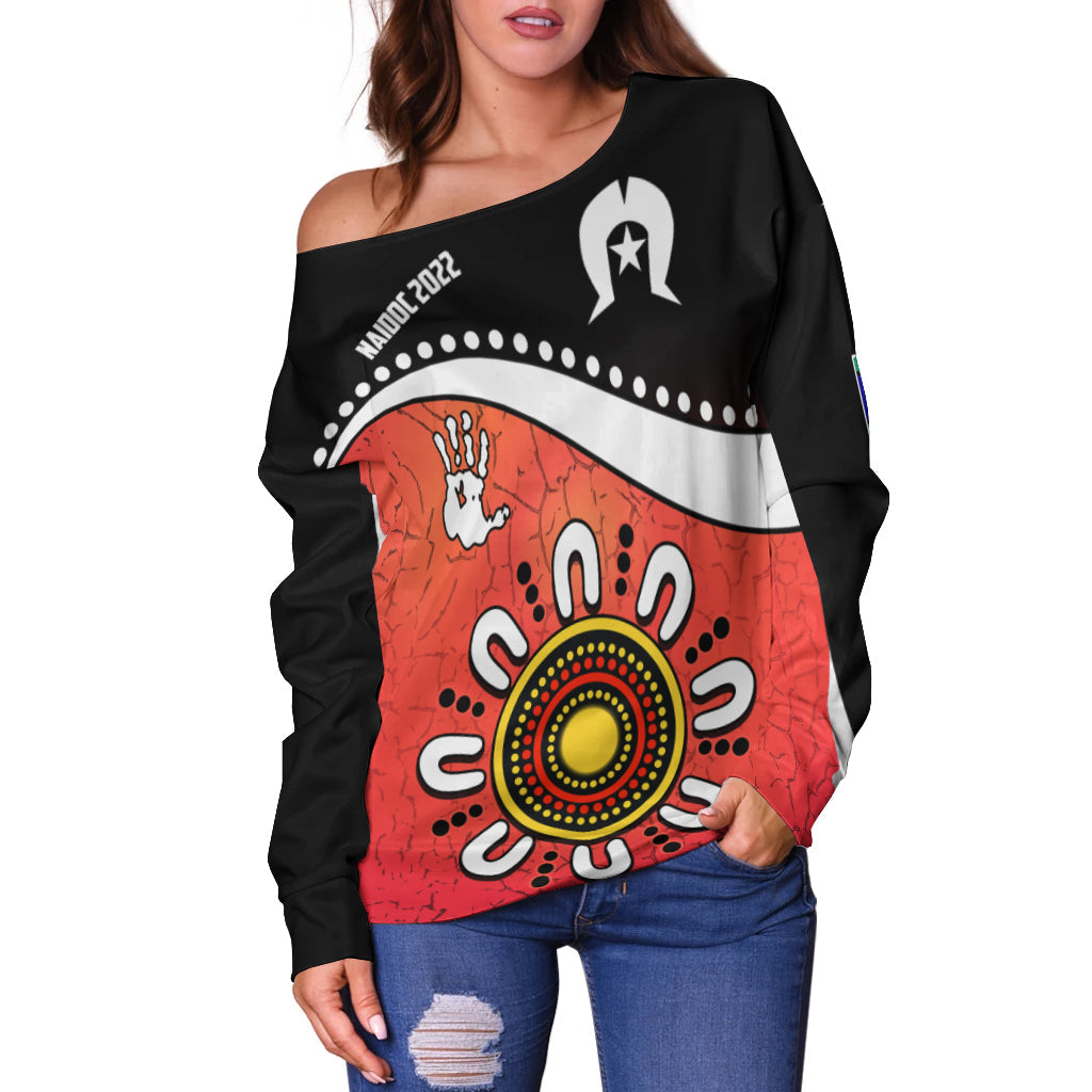 NAIDOC Week 2022 Women Off Shoulder Sweater Torres Strait Islanders Version Red Aboriginal The Dhari - Vibe Hoodie Shop