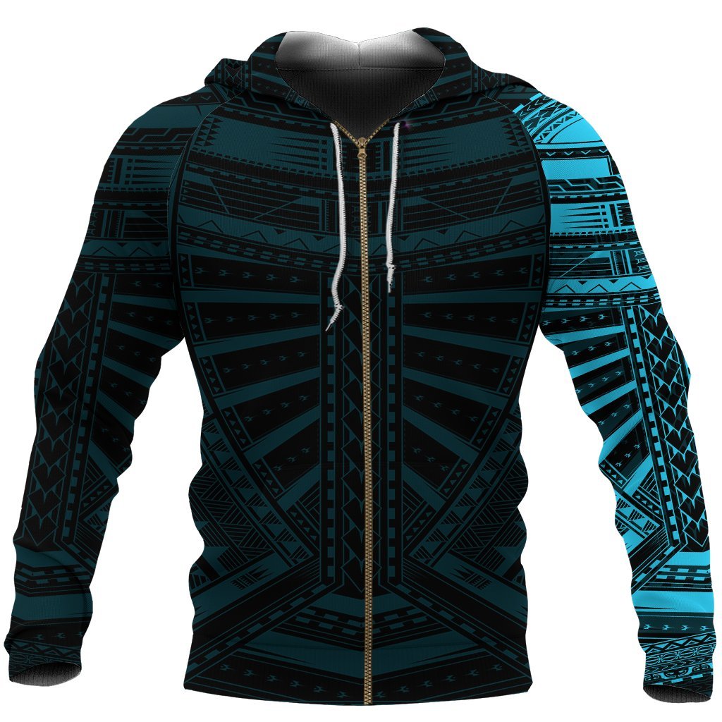 New Zealand Zip Up Hoodie, Maori Samoan Polynesian Tattoo Zipper Hoodie - Blue - Vibe Hoodie Shop