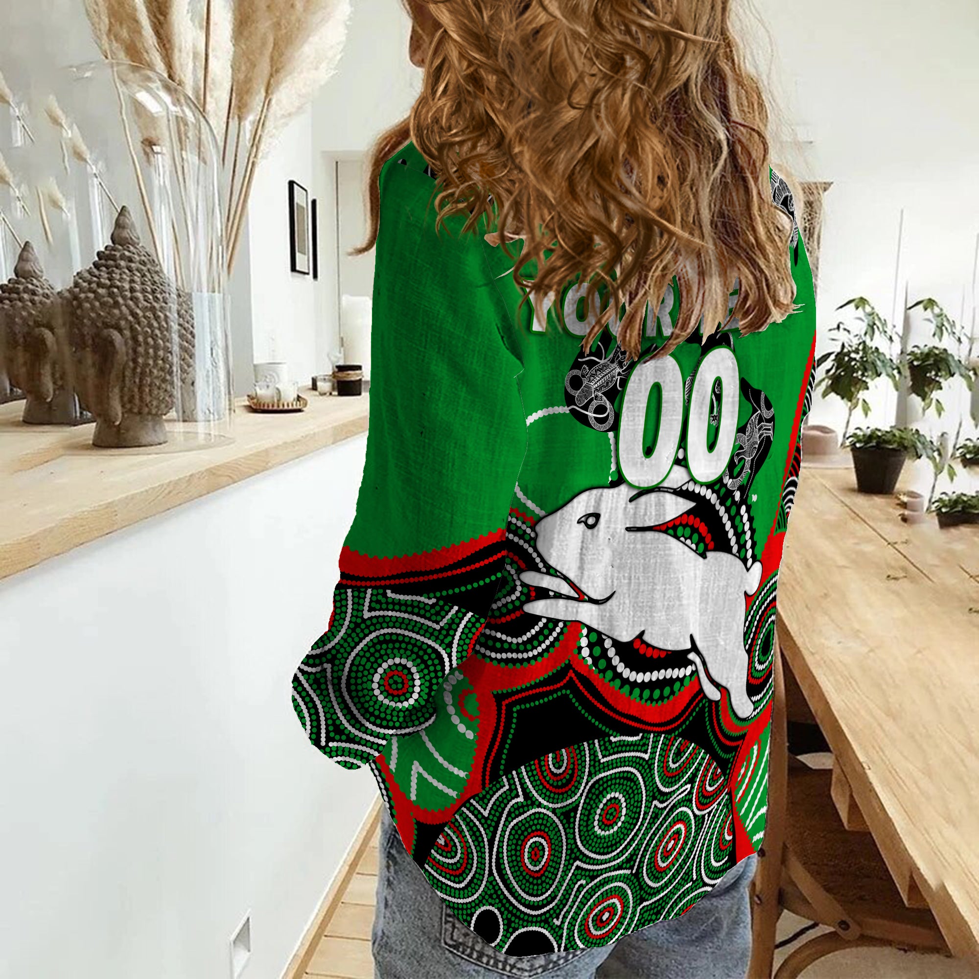 (Custom Personalised) Rabbitohs Rugby Aboriginal Art Women Casual Shirt - - Vibe Hoodie Shop