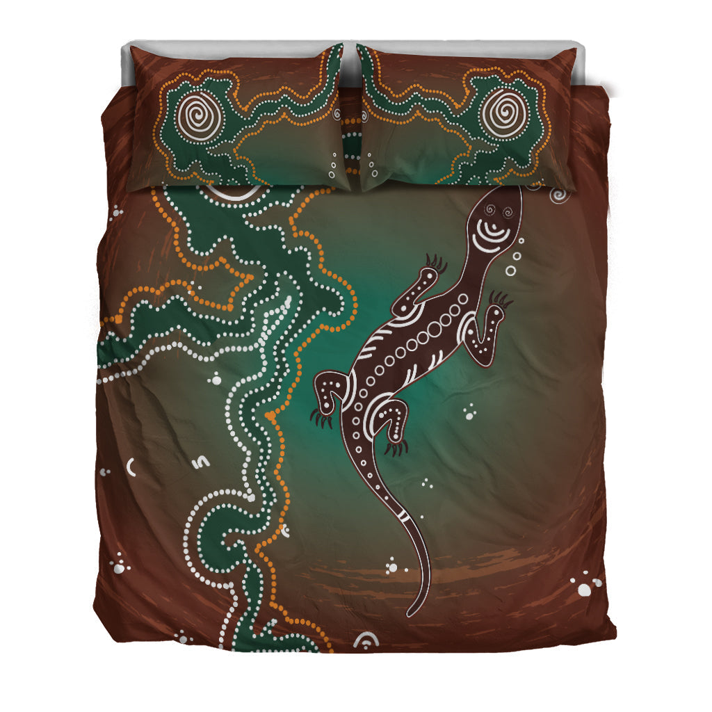 Aboriginal Lizard Bedding Set - Indigenous Dot Painting Art - - Vibe Hoodie Shop