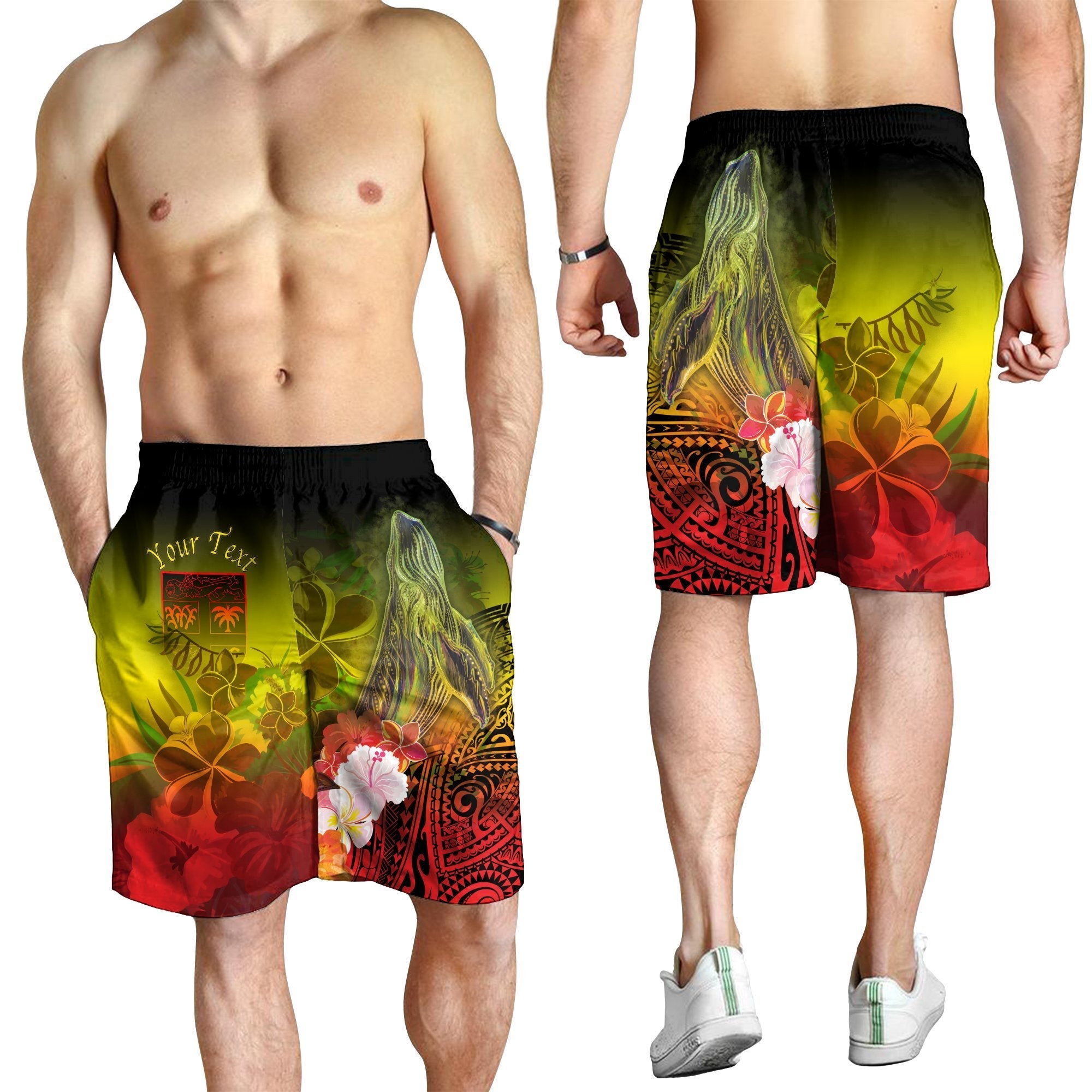 Fiji Custom Personalised Men's Shorts - Humpback Whale with Tropical Flowers (Yellow) - Vibe Hoodie Shop