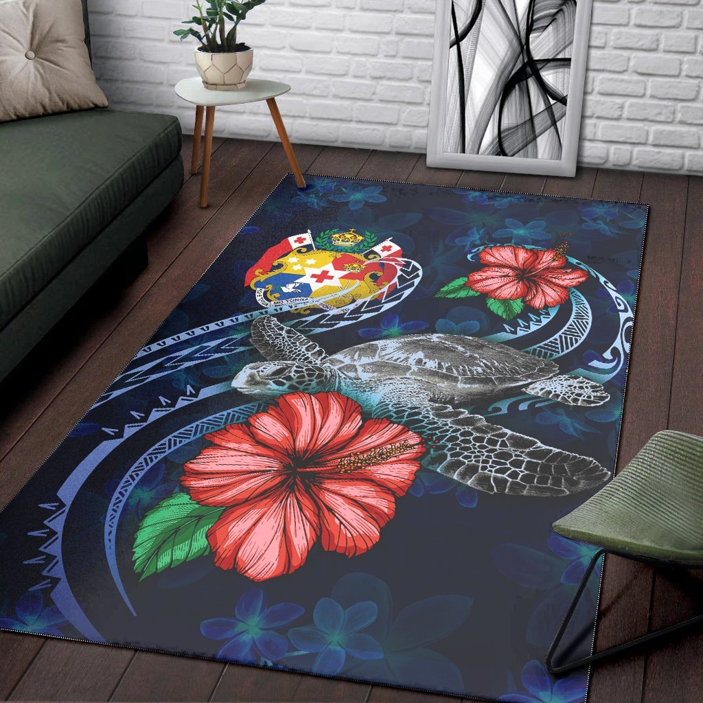 Tonga Polynesian Area Rug - Blue Turtle Hibiscus - Vibe Hoodie Shop