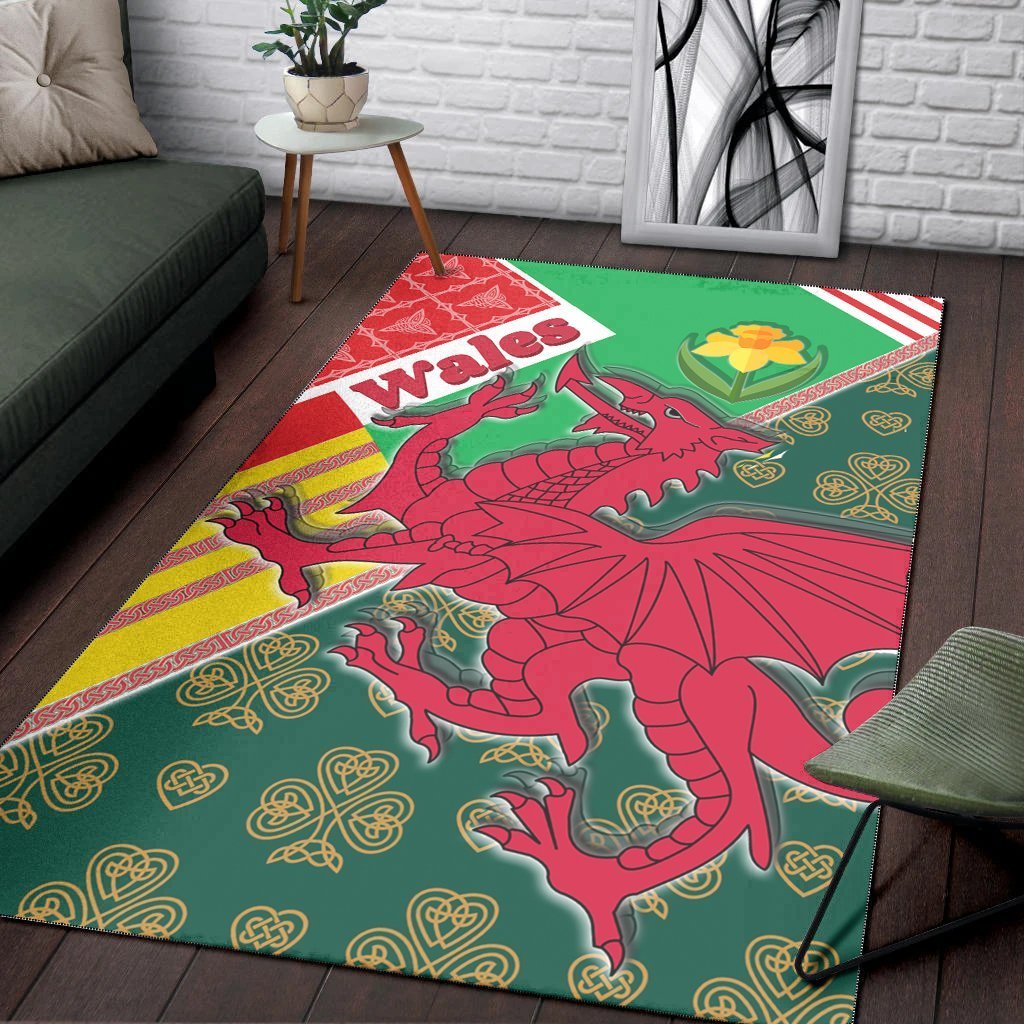 Celtic Wales Area Rug - Cymru Dragon and Daffodils - Vibe Hoodie Shop