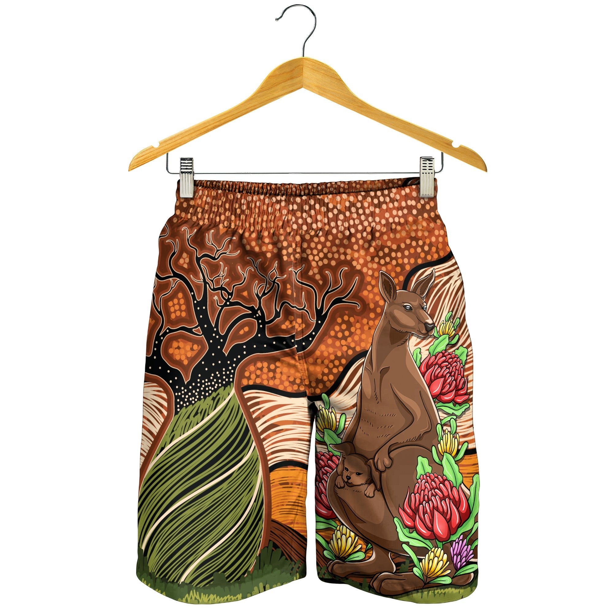 Aboriginal Men's Shorts - Kangaroo With Indigenous Tree - Vibe Hoodie Shop