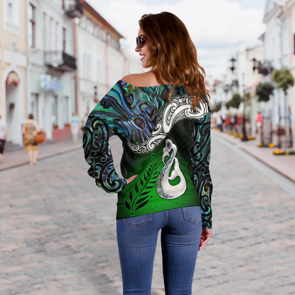 New Zealand Maori Off Shoulder Sweater - Manaia Paua Shell Glitter Green LT4 - Vibe Hoodie Shop