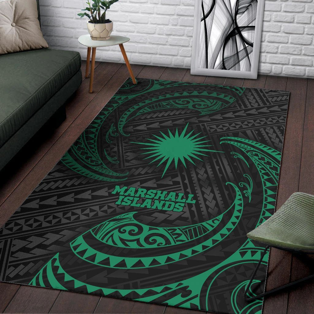 Marshall Islands Polynesian Area Rug - Green Tribal Wave - Vibe Hoodie Shop